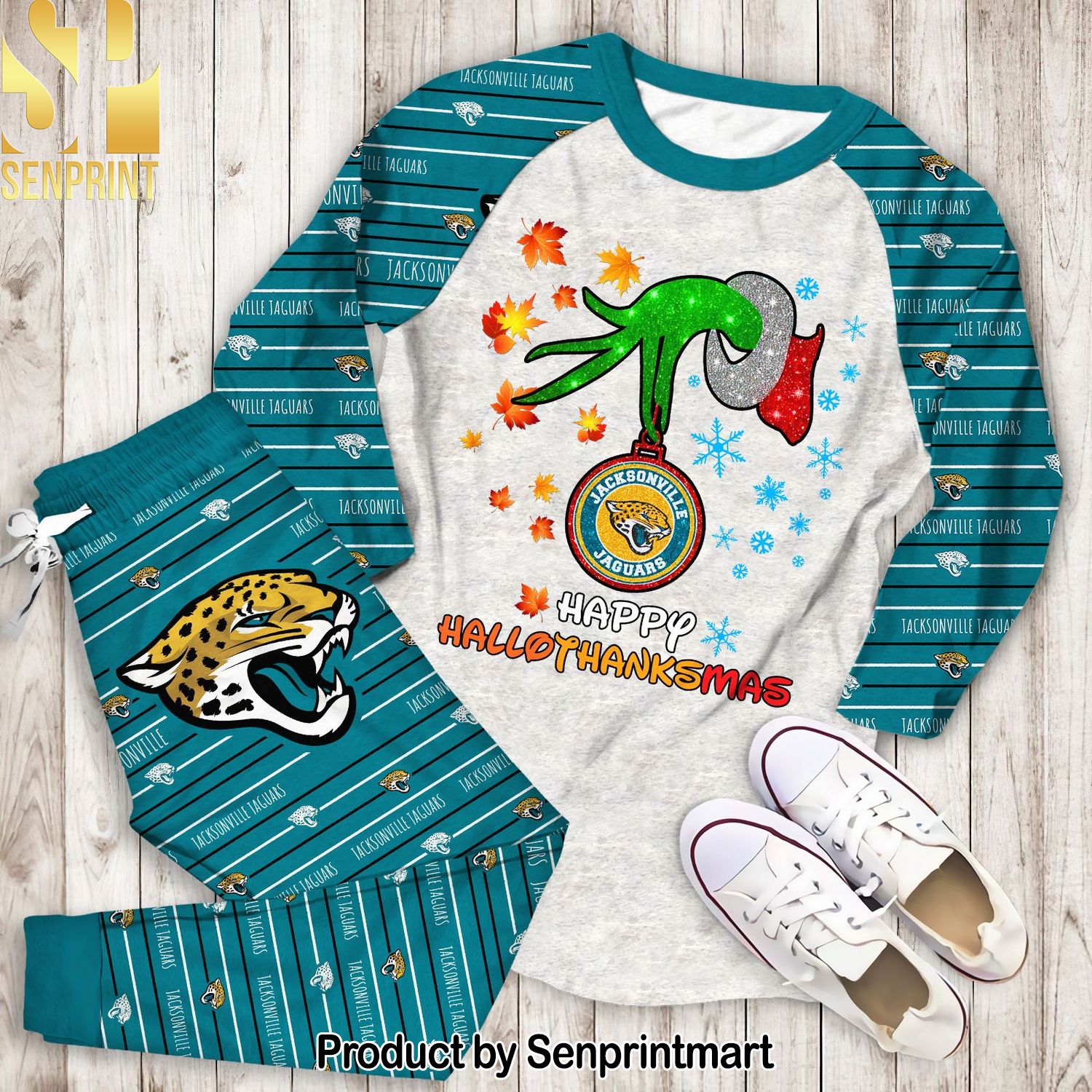 Happy HalloThankmas Grinch Jacksonville Jaguars Classic All Over Printed Pajamas Set