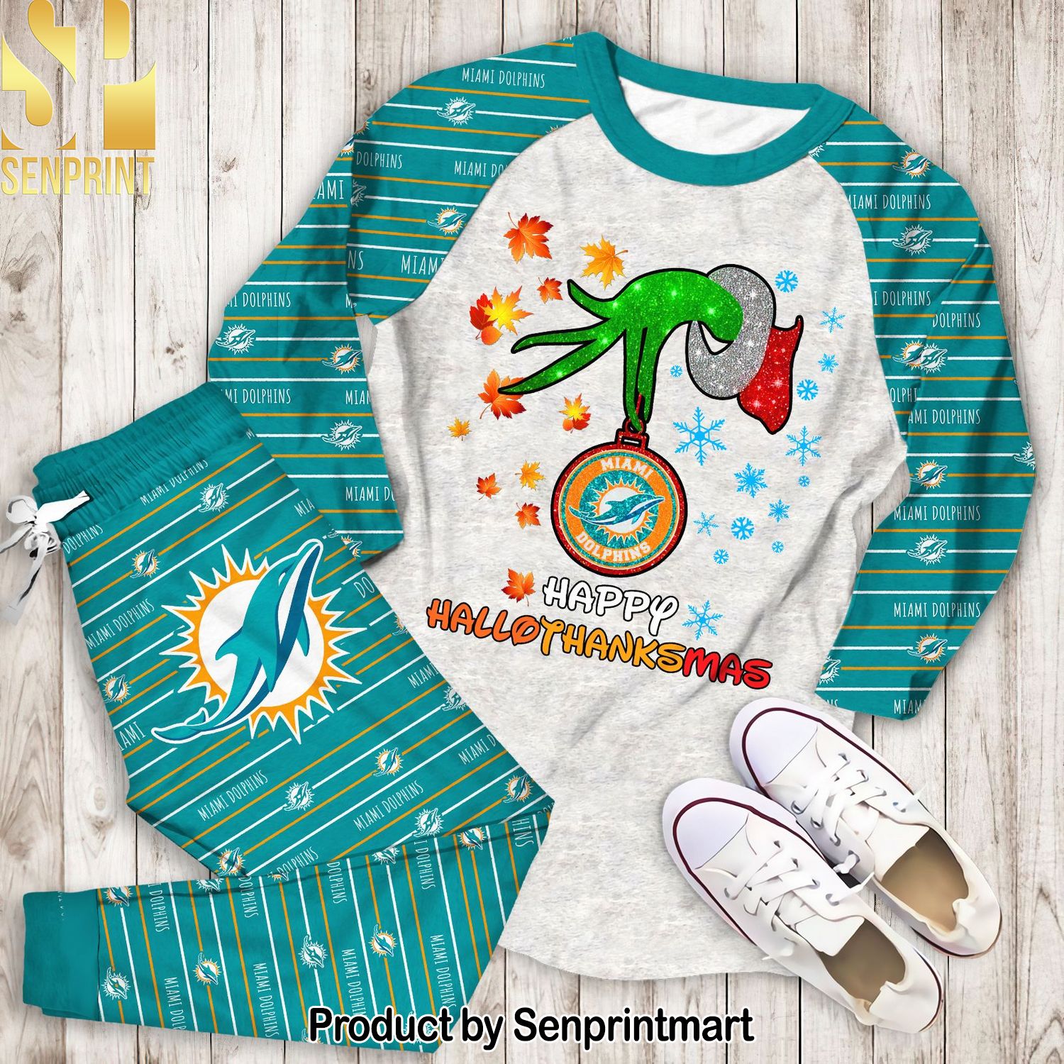 Happy HalloThankmas Grinch Miami Dolphins Classic Full Printing Pajamas Set