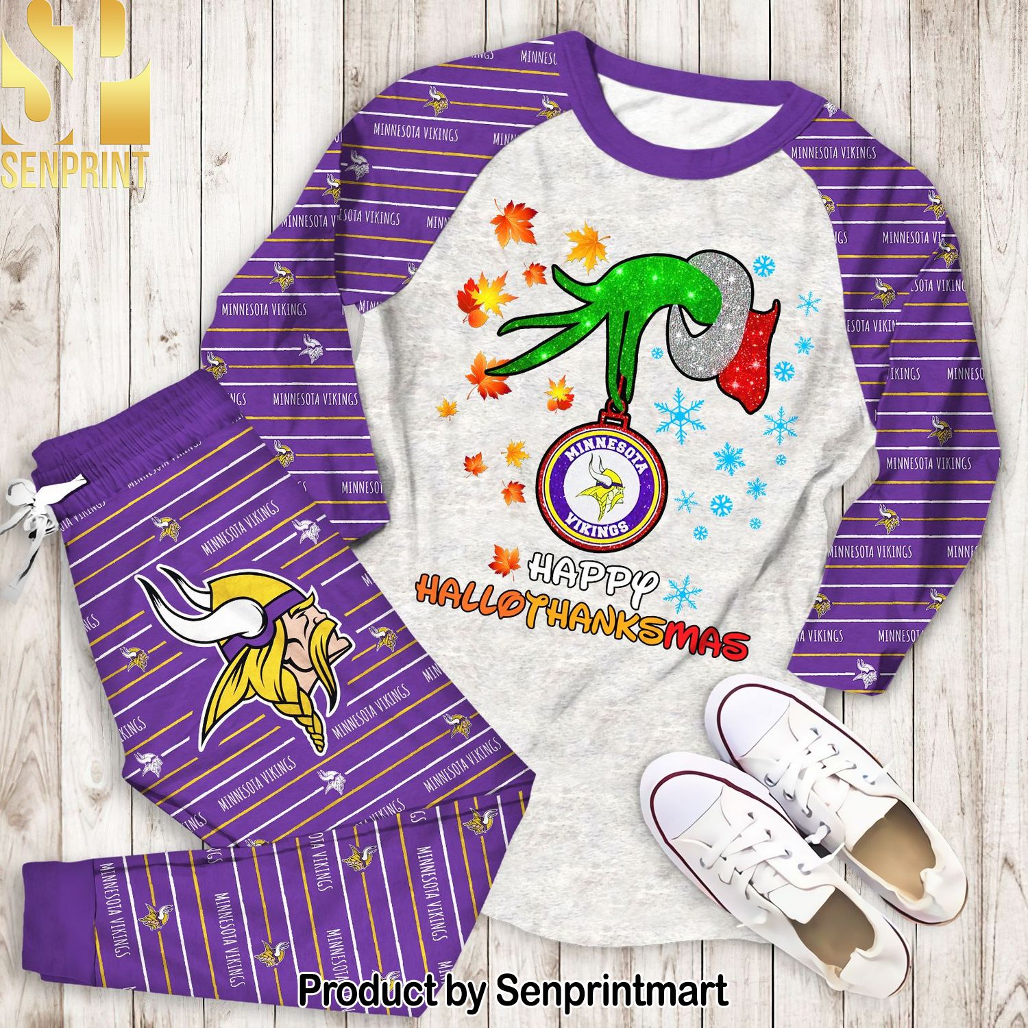 Happy HalloThankmas Grinch Minnesota Vikings All Over Print Unisex Pajamas Set