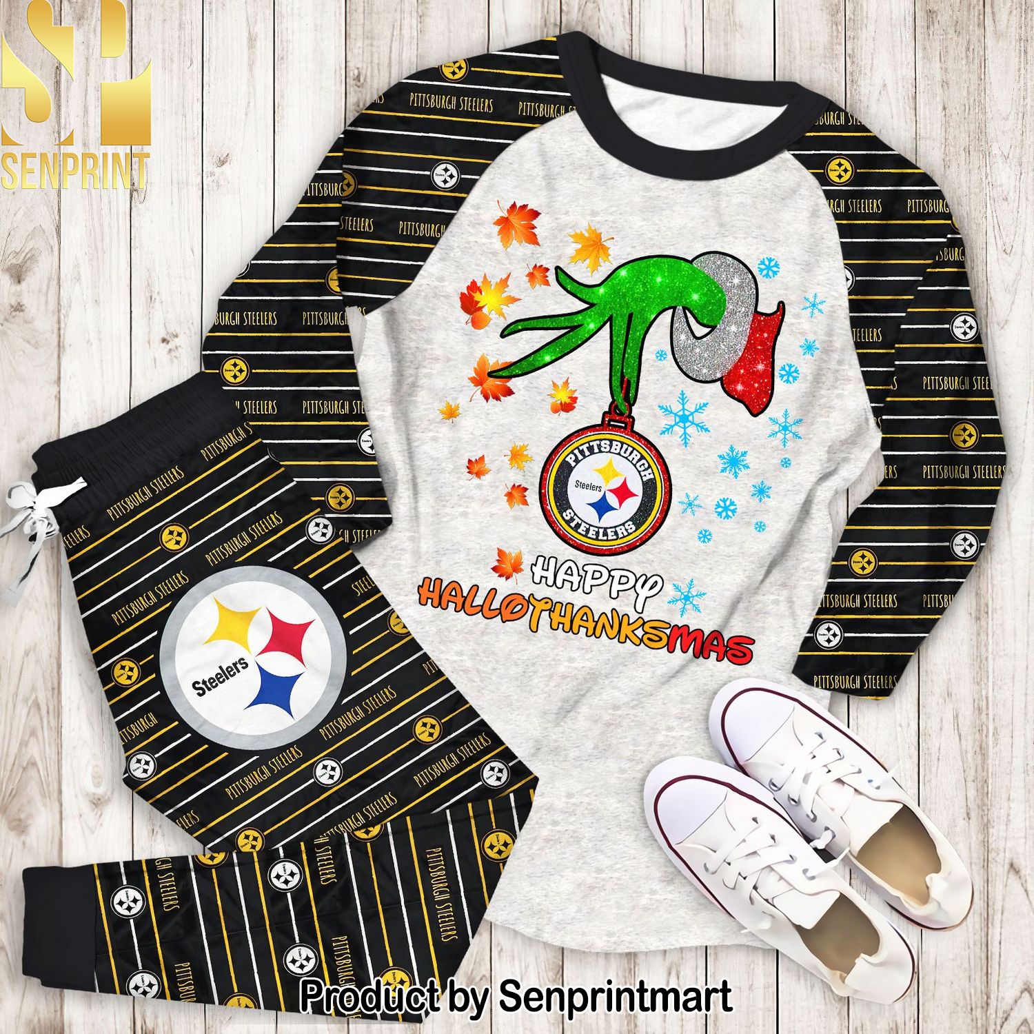 Happy Halloween Thanksgiving Christmas Grinch Pittsburgh Steelers Unisex Pajamas Set