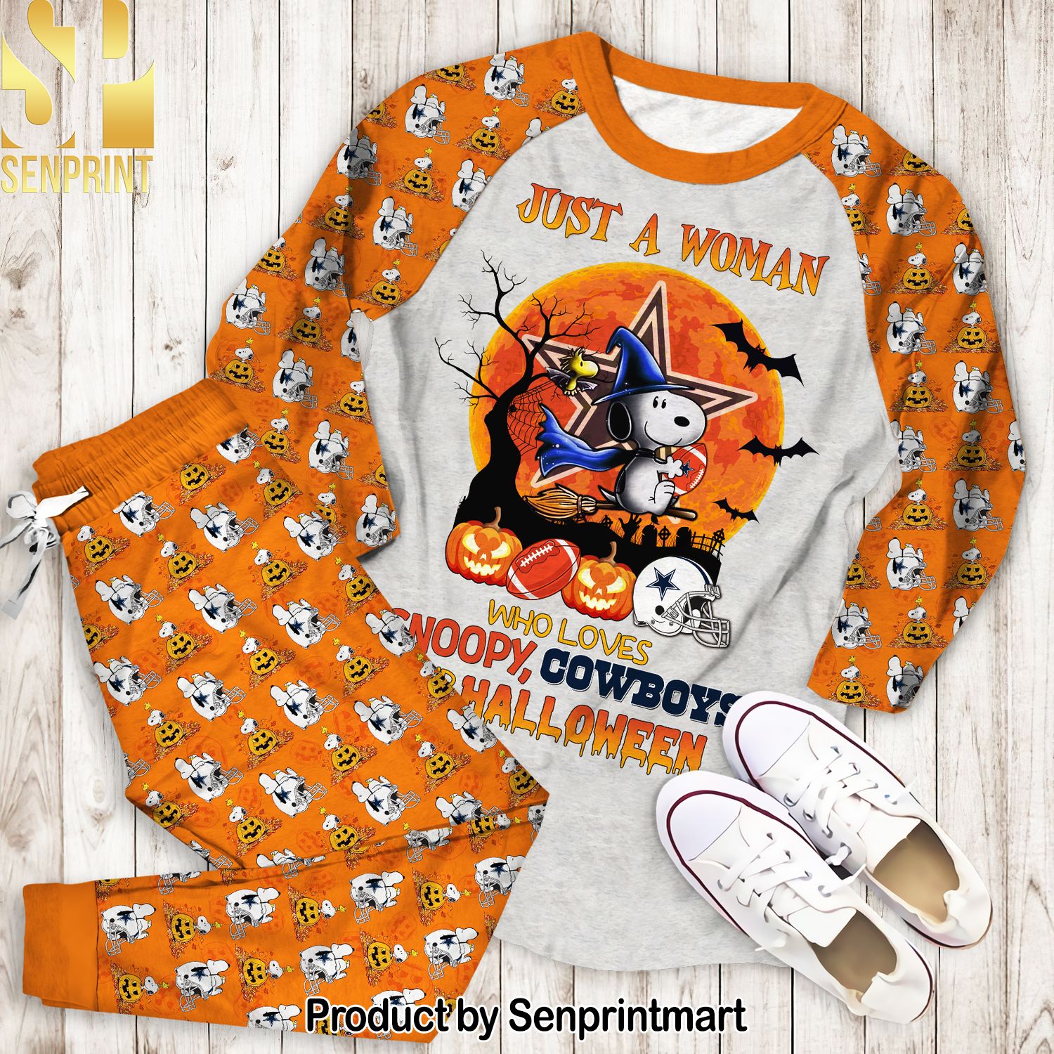 Just a Woman who love Snoopy, Cowboys and halloween Full Print Unisex Pajamas Set