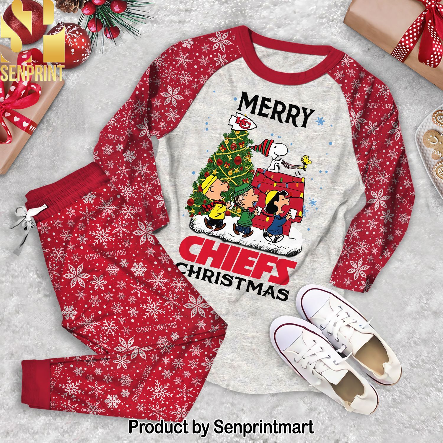 Merry Kansas City Chiefs Christmas Peanuts Unisex All Over Print Pajamas Set