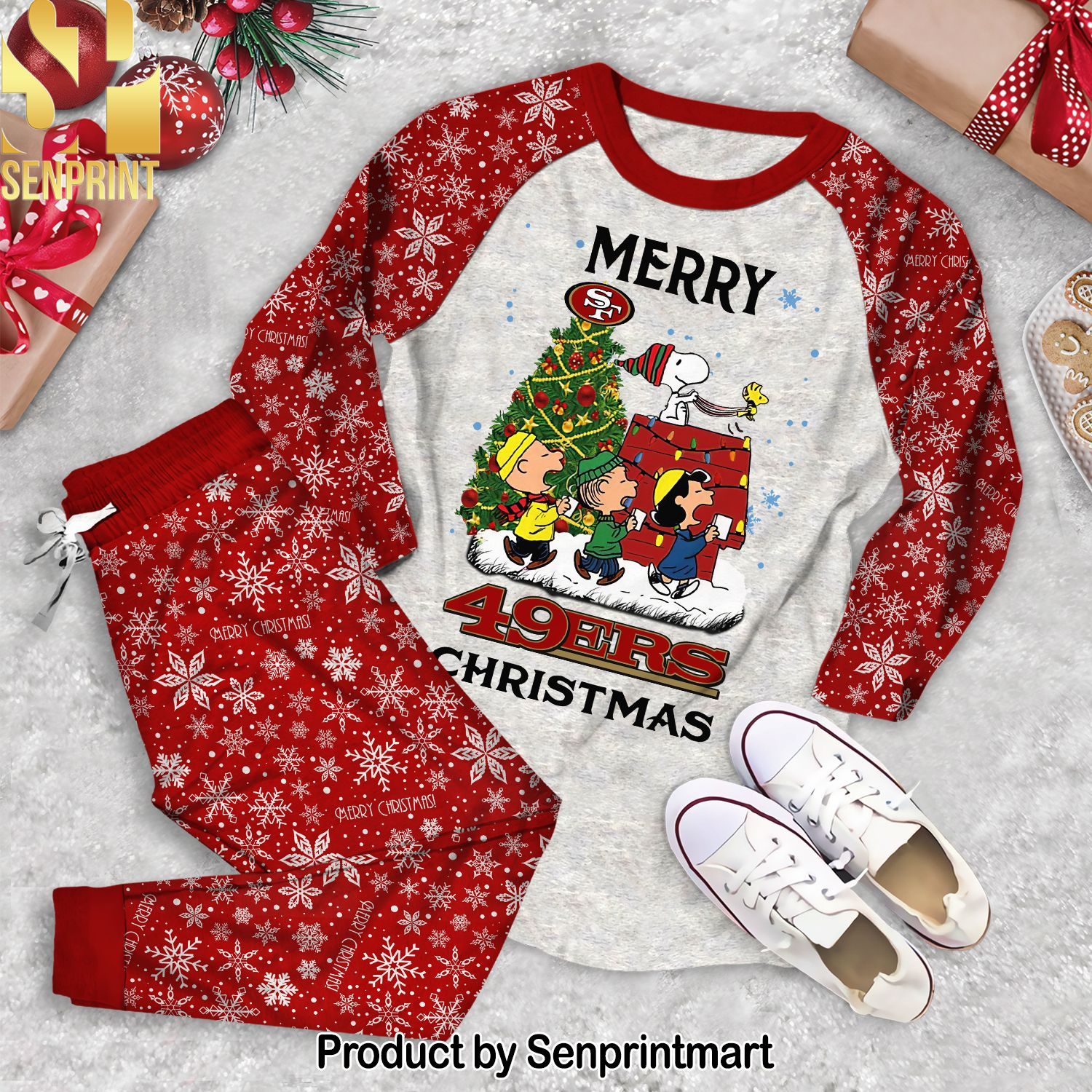 Merry San Francisco 49ers Christmas Peanuts All Over Print Classic Pajamas Set