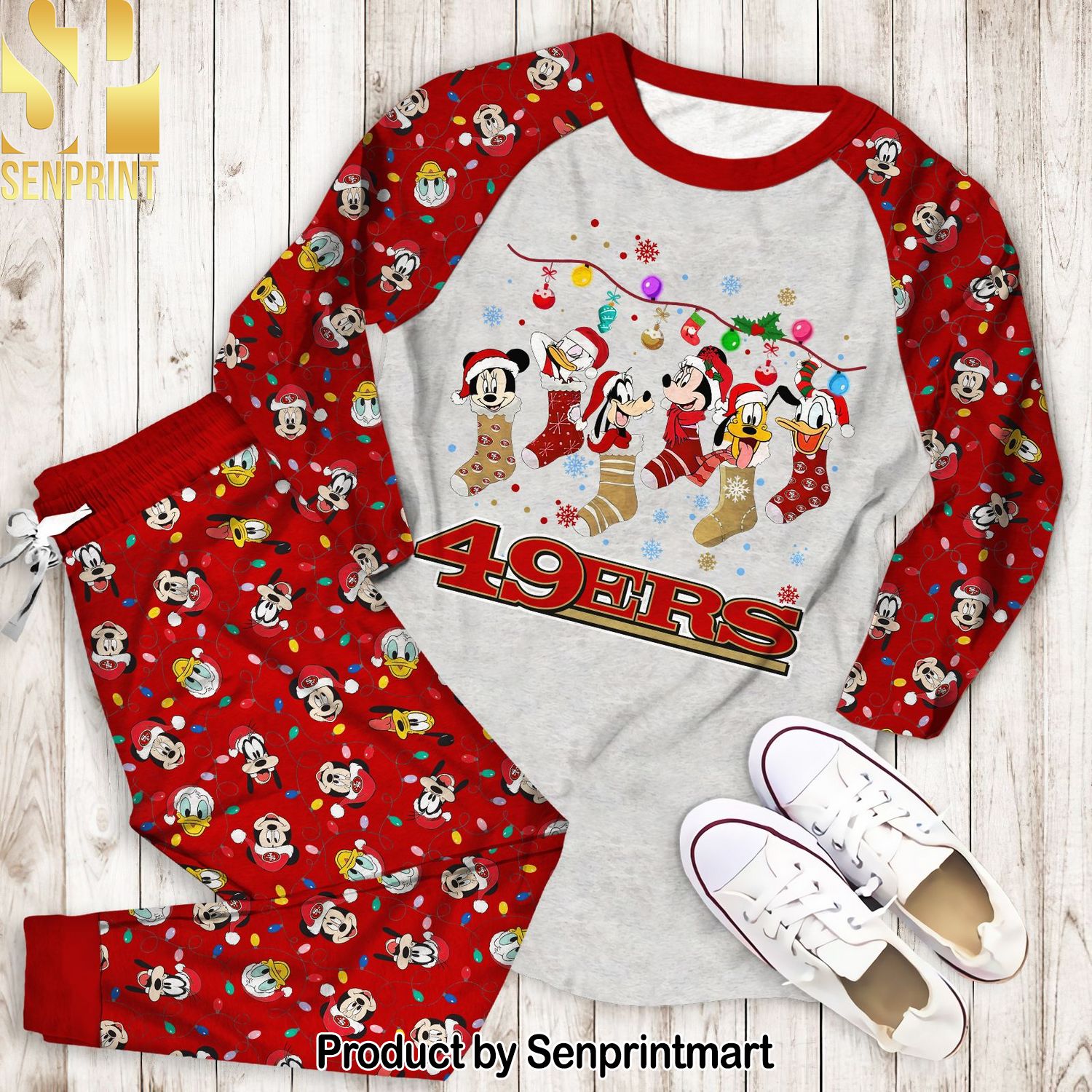 Mickey And Friends San Francisco 49ers Socks Christmas Full Print Classic Pajamas Set