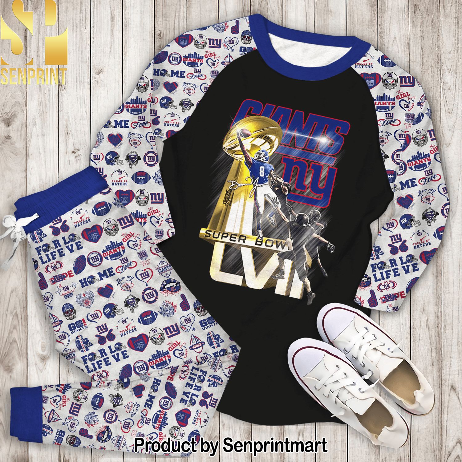 New York Giants Super Bowl All Over Printed Classic Pajamas Set