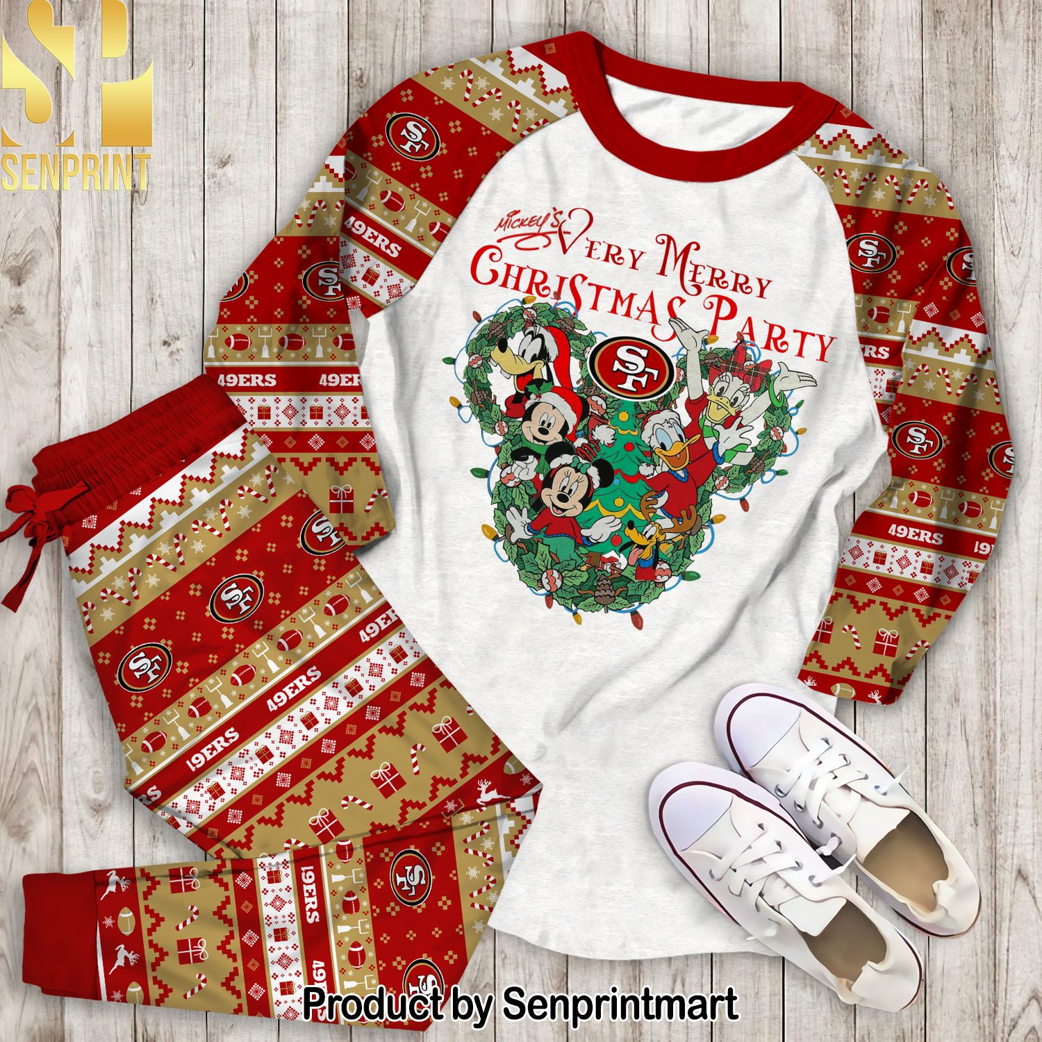NFL San Francisco 49ers Mickey and Friends Very Mery Christmas Party Unisex All Over Printed Pajamas Set