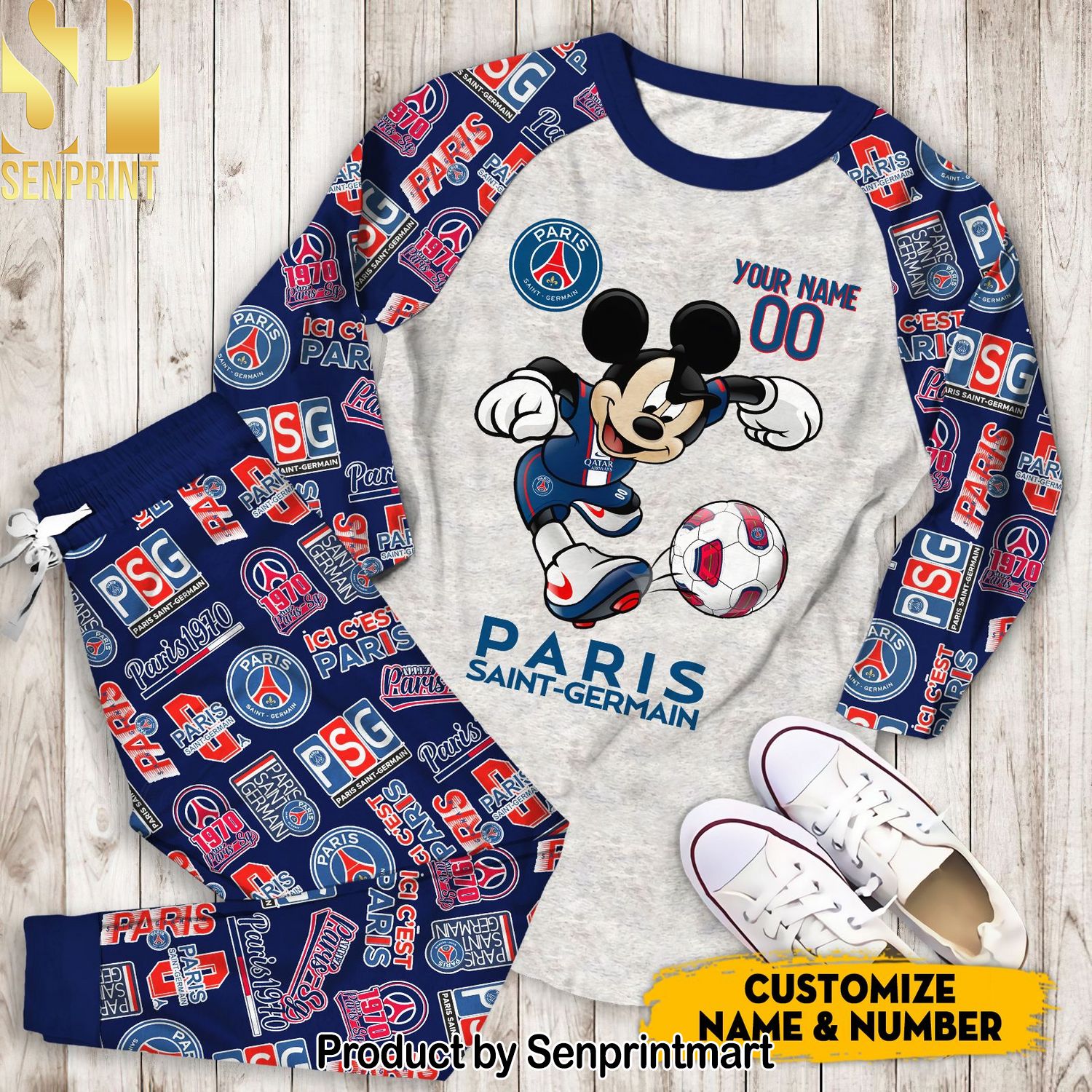 Paris Saint-Germain Mickey Player Personalized name and number All Over Print 3D Pajamas Set