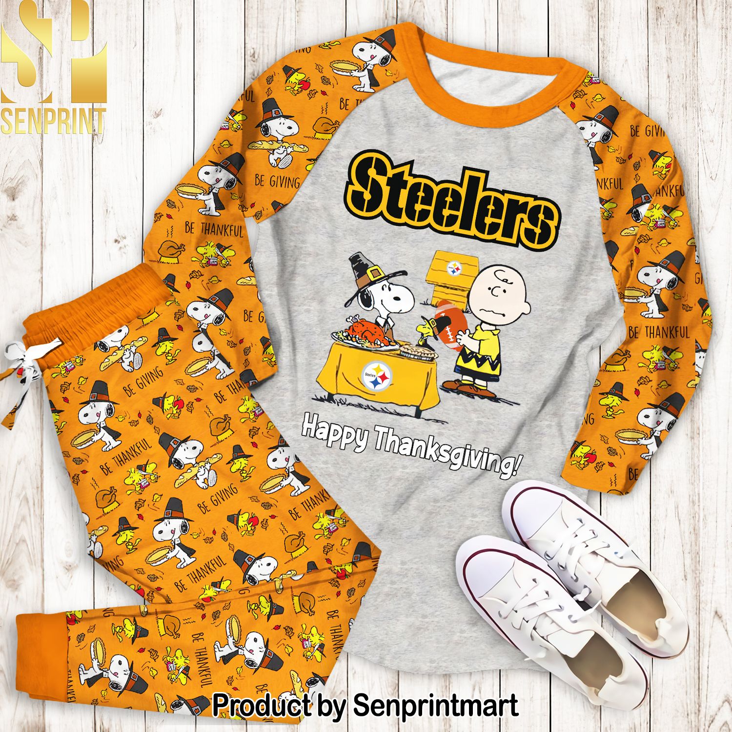 Peanuts Pittsburgh Steelers Football Happy Thanksgiving Full Printed Classic Pajamas Set