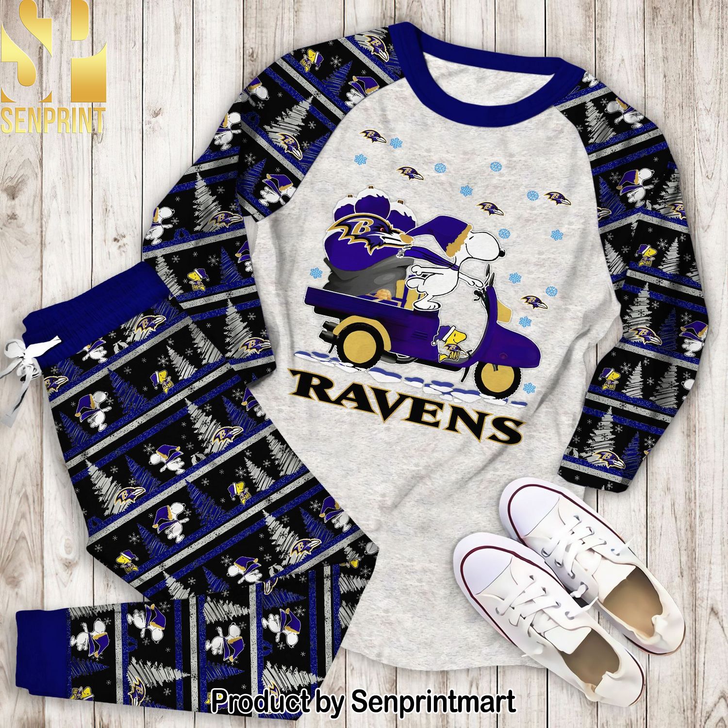 Snoopy Baltimore Ravens Christmas Full Printing Unisex Pajamas Set