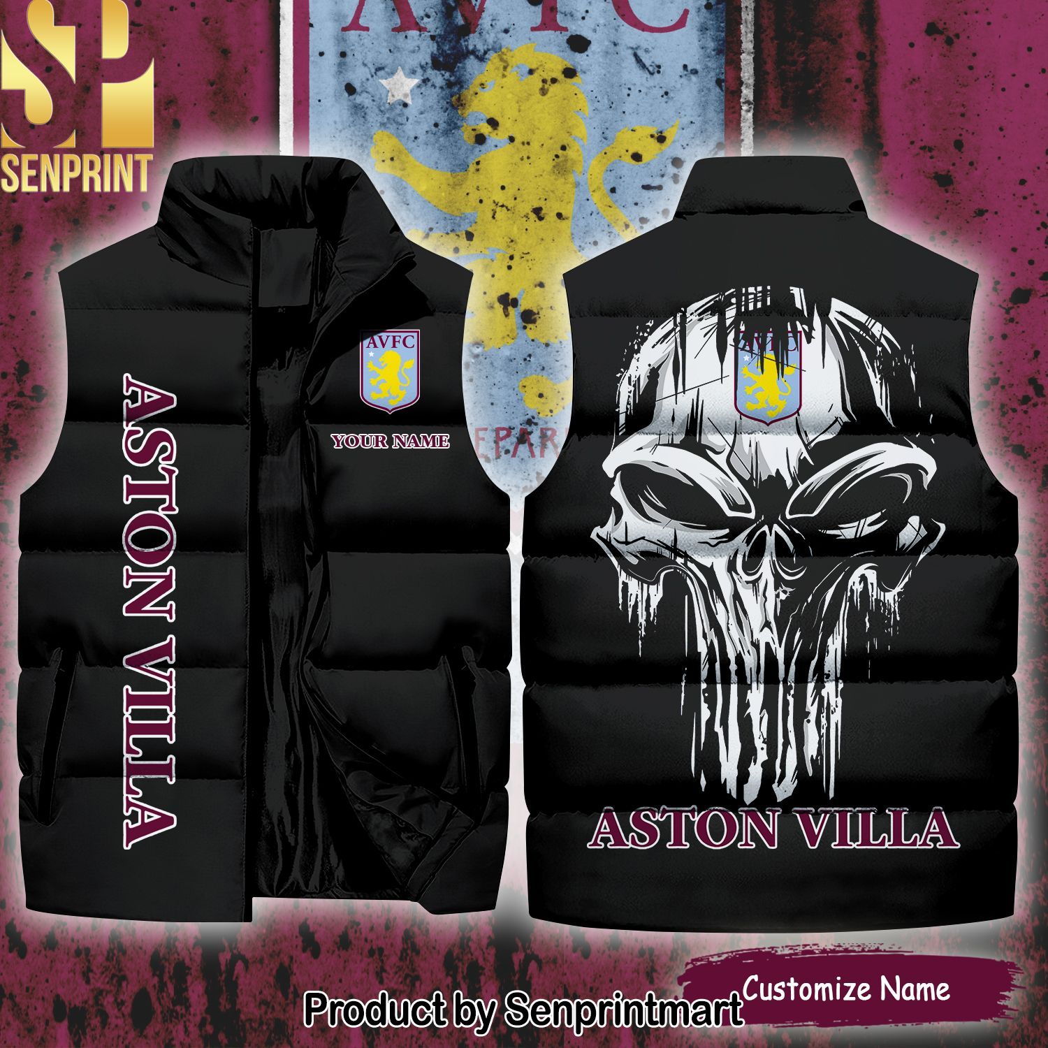 English Premier League Aston Villa Skull For Fans Sleeveless Jacket