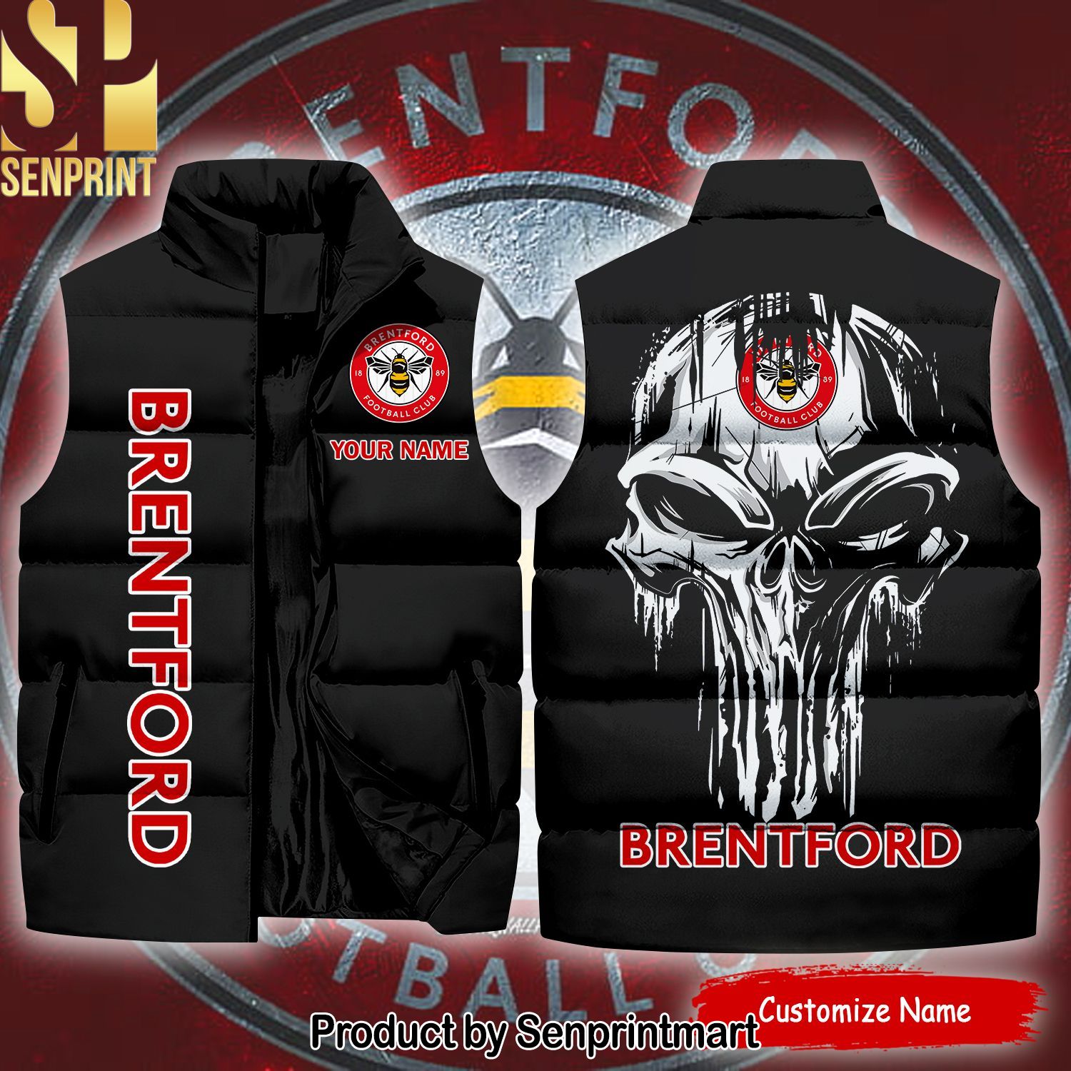 English Premier League Brentford Skull High Fashion Sleeveless Jacket