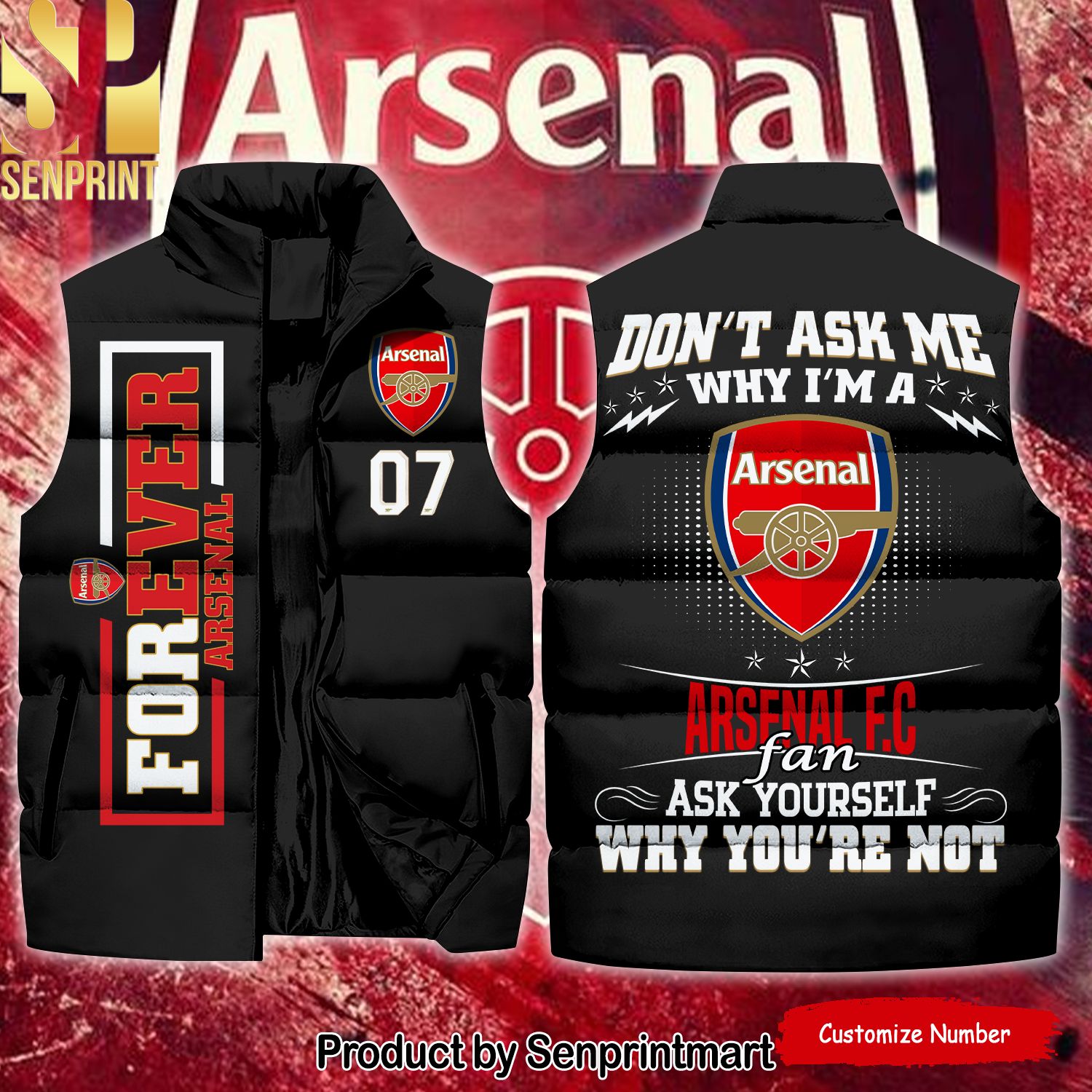 English Premier League For Ever Arsenal Unisex Sleeveless Jacket