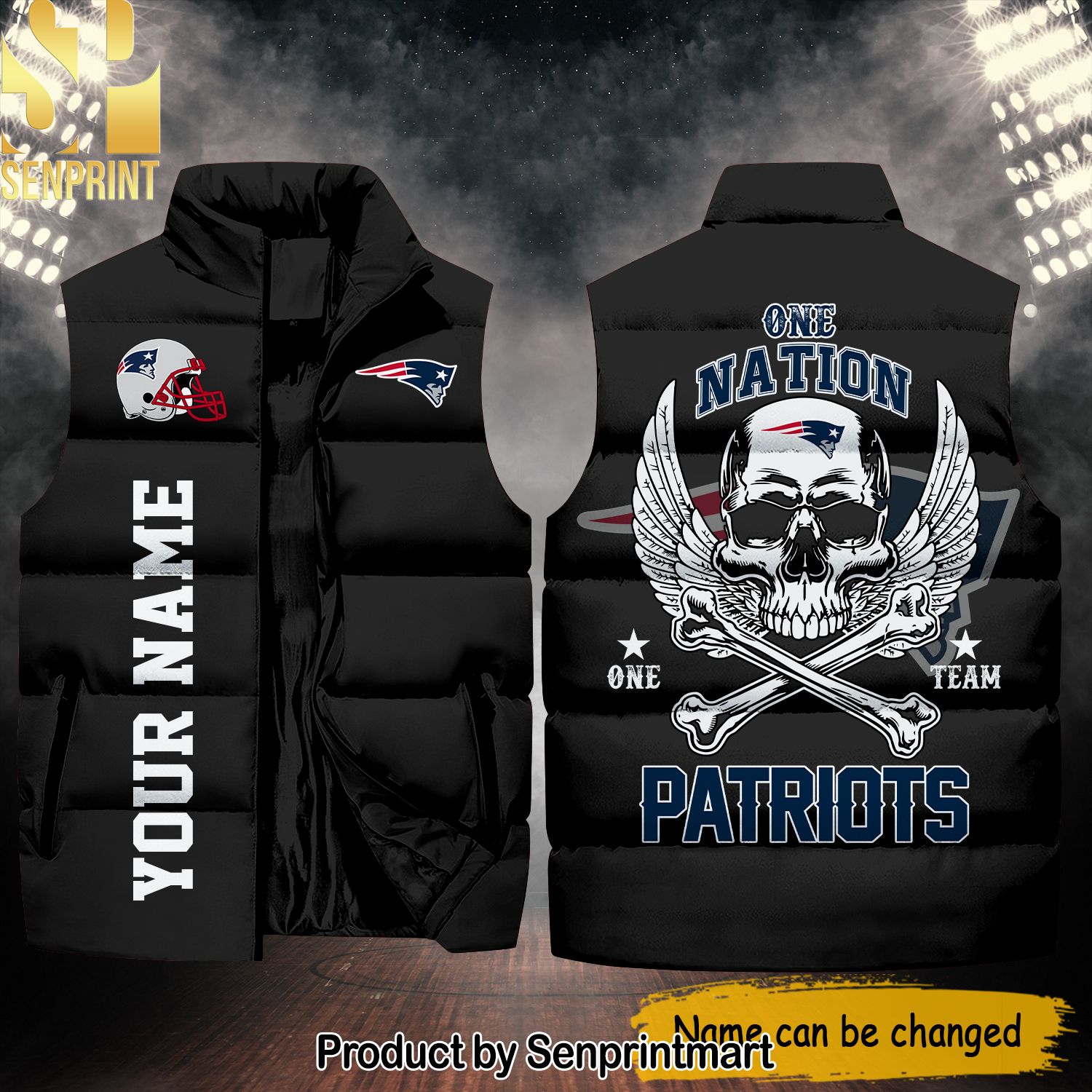 National Football League New England Patriots One Nation One Team Skull Hot Outfit Sleeveless Jacket