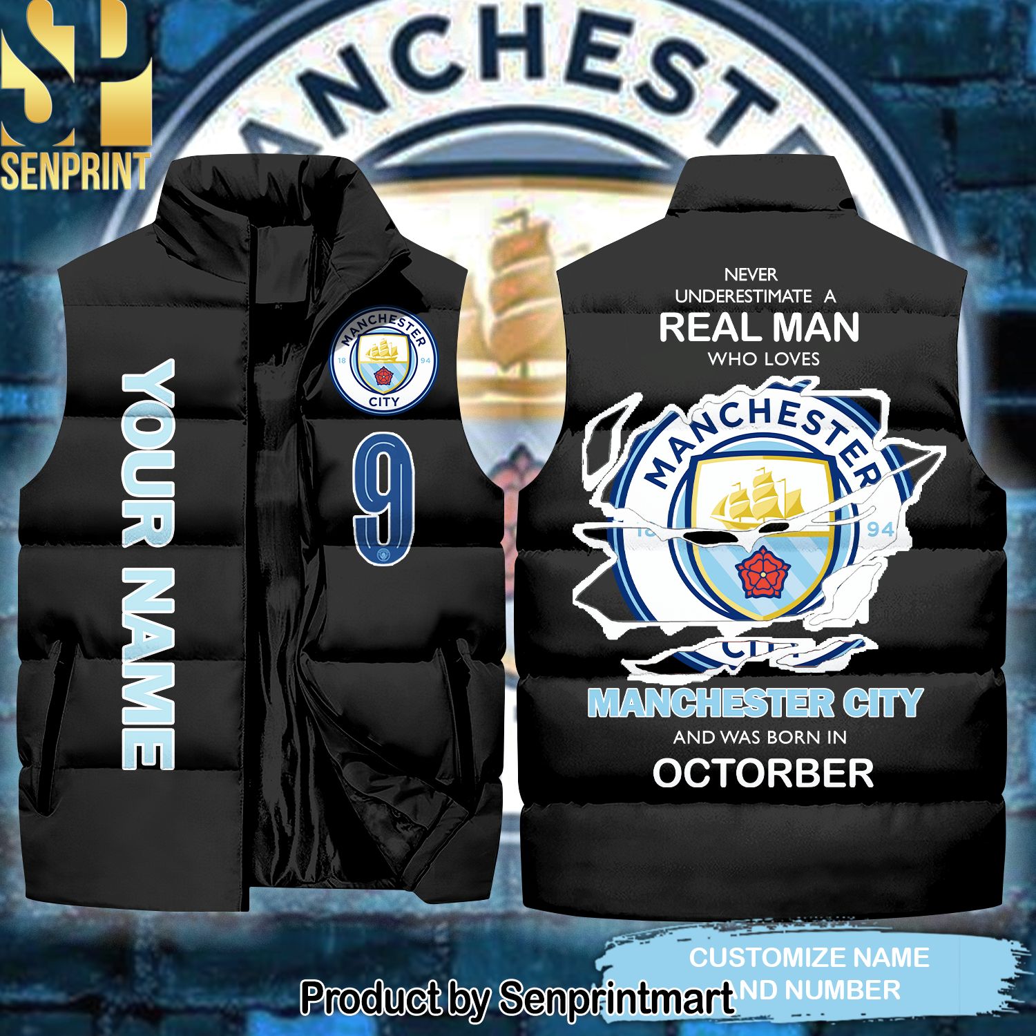 REAL MAN WHO LOVES Manchester City AND WAS BORN IN OCTOBER Name Number Hot Fashion Sleeveless Jacket