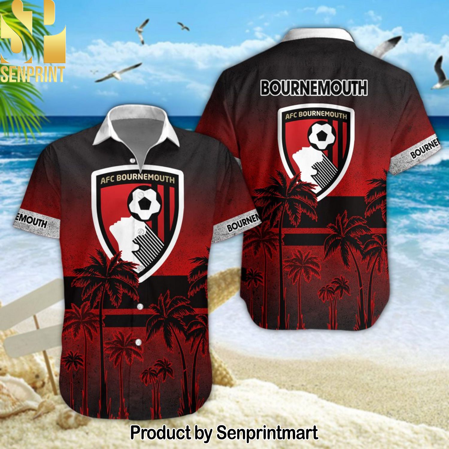 AFC Bournemouth Full Print Classic Hawaiian Print Aloha Button Down Short Sleeve Shirt