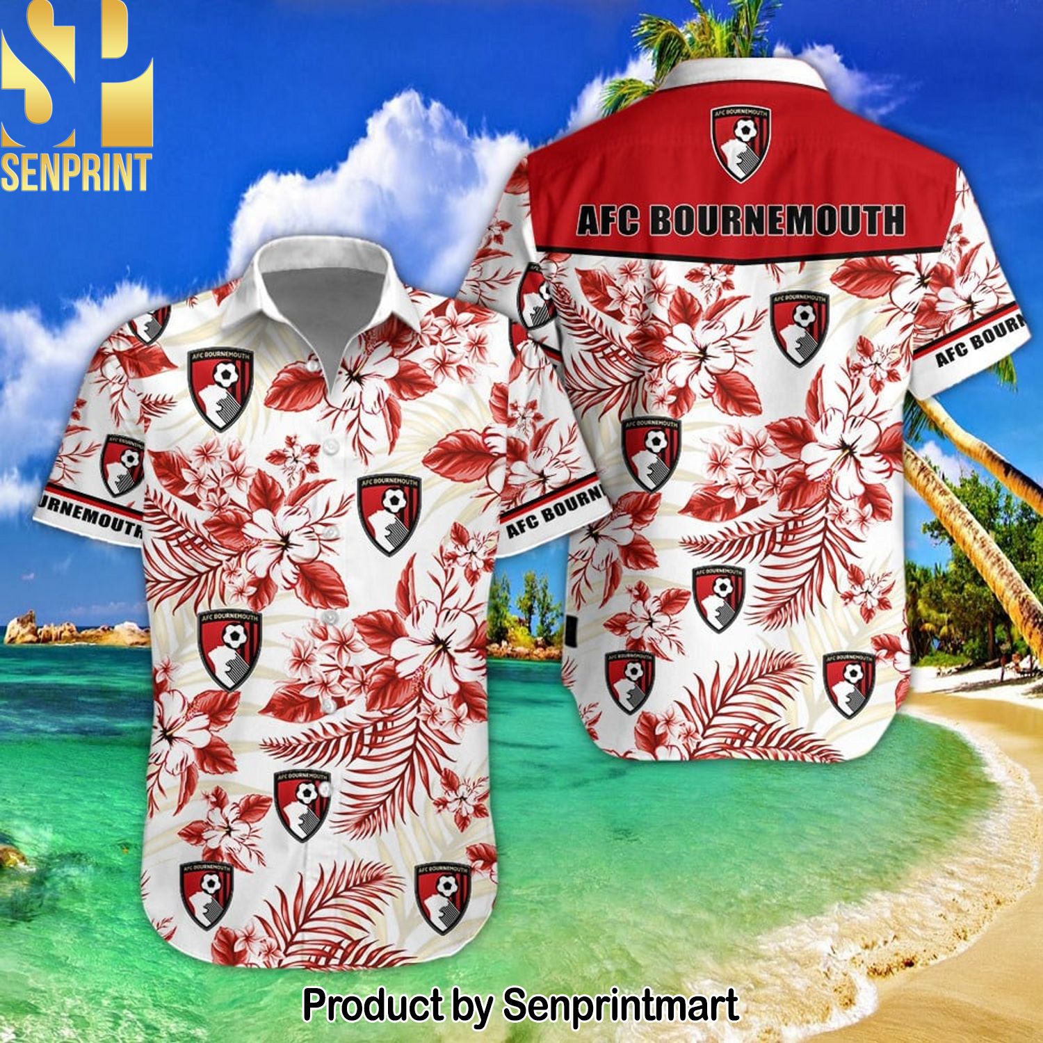 AFC Bournemouth Full Printing Classic Hawaiian Print Aloha Button Down Short Sleeve Shirt