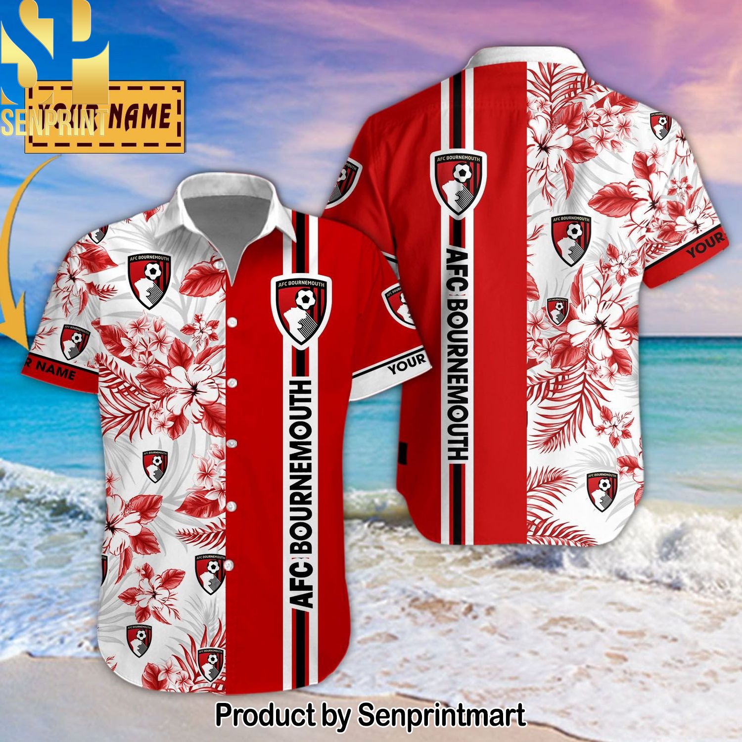 AFC Bournemouth Personalized Classic Full Printed Hawaiian Print Aloha Button Down Short Sleeve Shirt