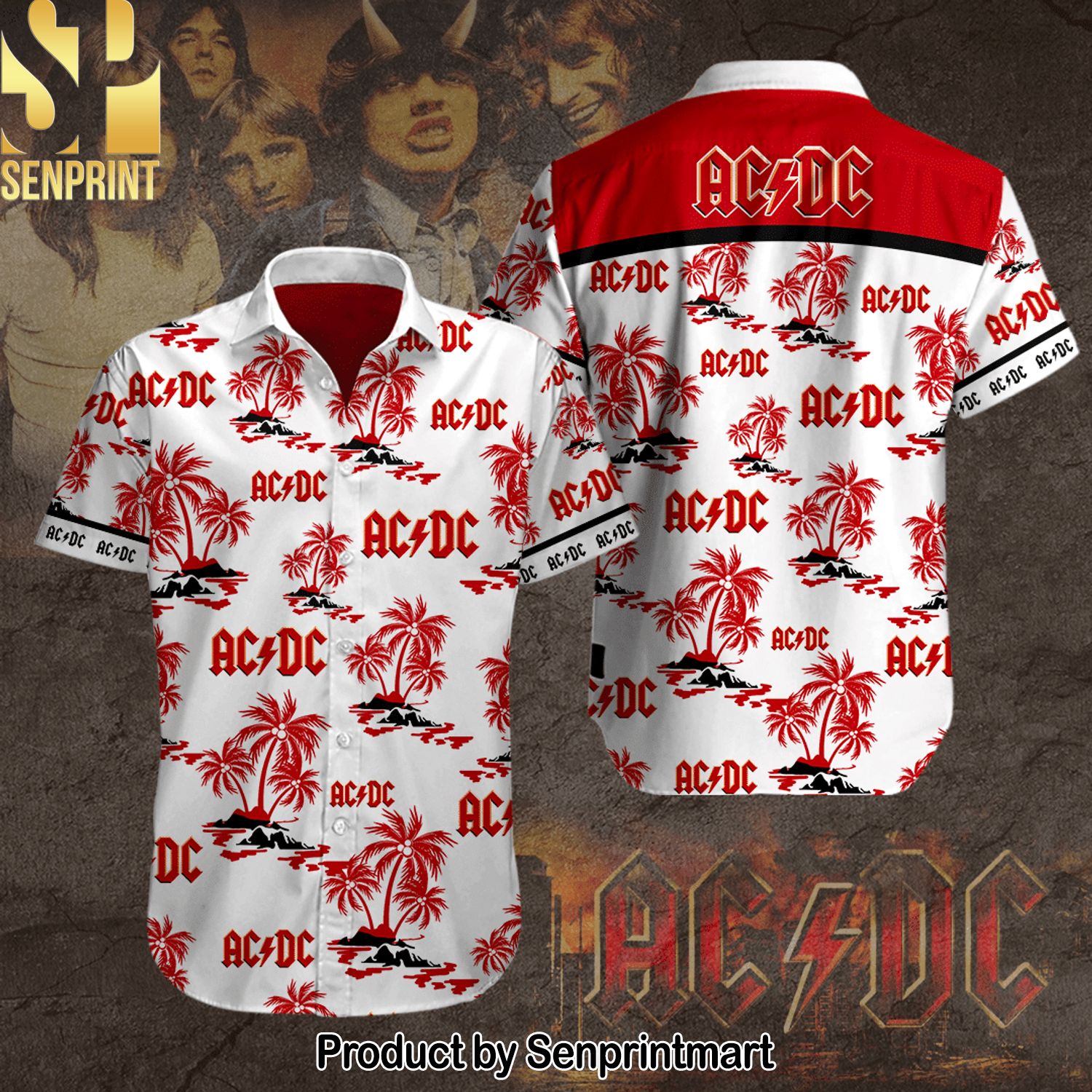 AC DC Rock Band 3D Best Outfit Hawaiian Print Aloha Button Down Short Sleeve Shirt