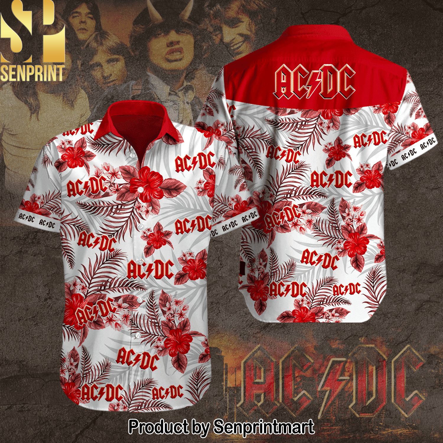 AC DC Rock Band 3D Hawaiian Print Aloha Button Down Short Sleeve Shirt