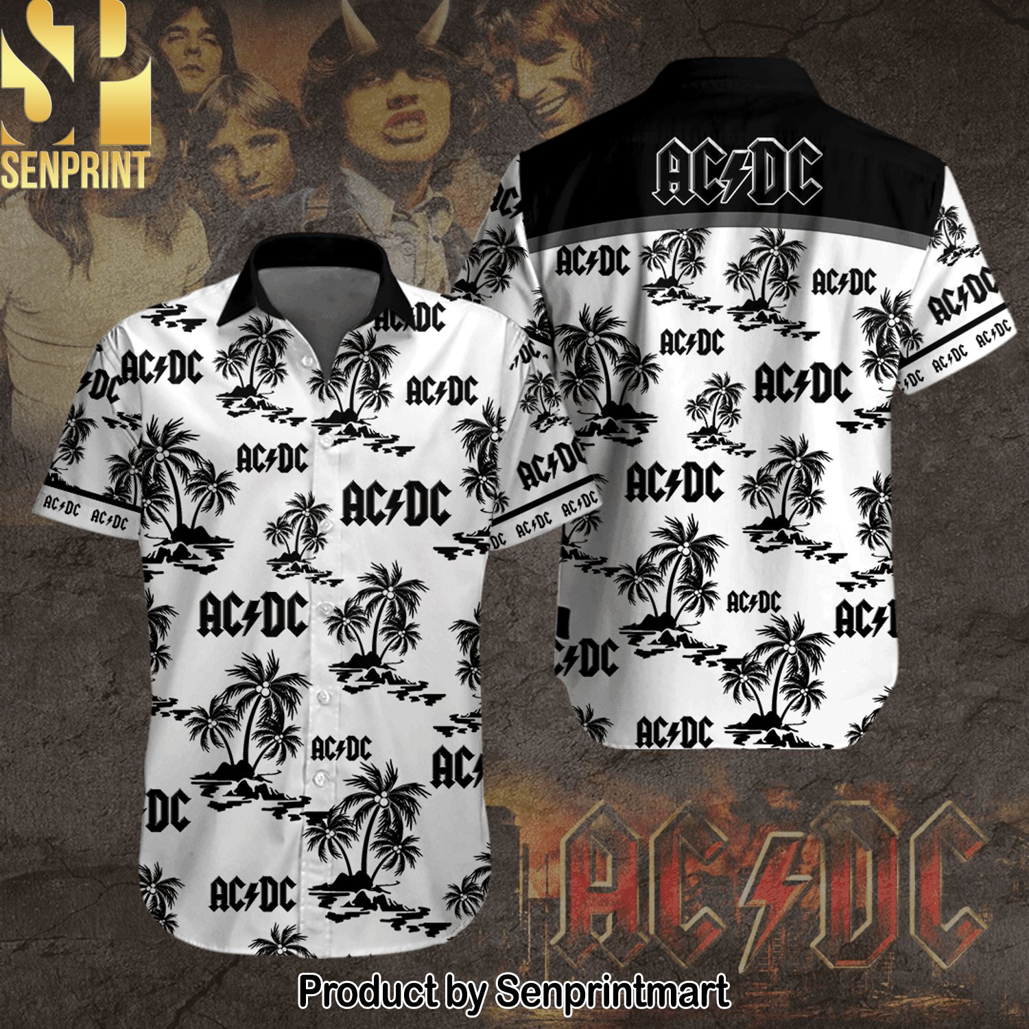 AC DC Rock Band 3D Hot Outfit Hawaiian Print Aloha Button Down Short Sleeve Shirt