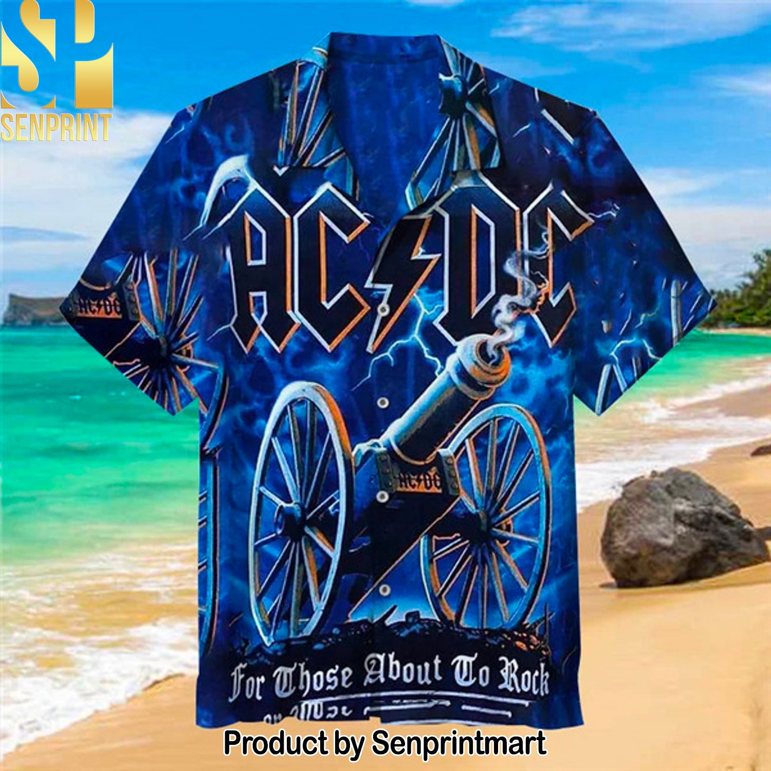 AC DC Rock Band Classic All Over Printed Hawaiian Print Aloha Button Down Short Sleeve Shirt