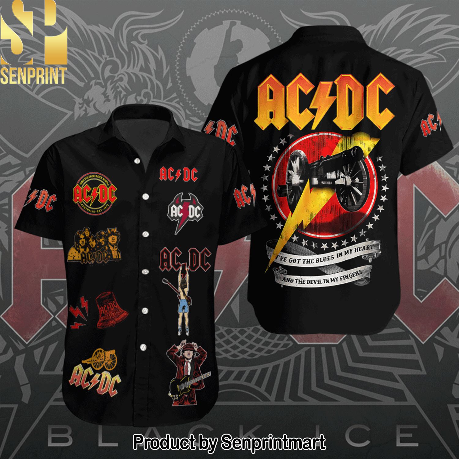 AC DC Rock Band Classic Full Printed Hawaiian Print Aloha Button Down Short Sleeve Shirt