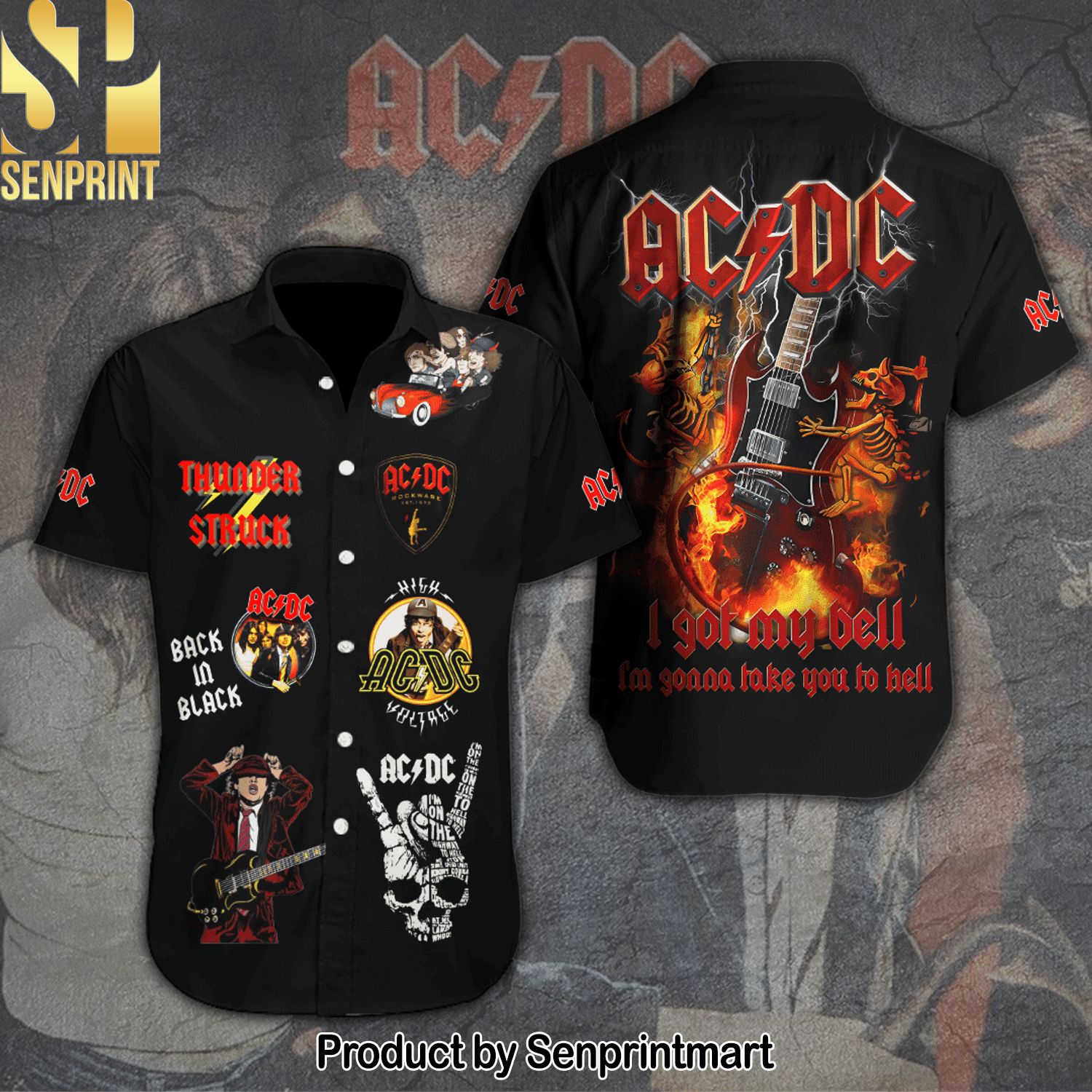 AC DC Rock Band Full Printed Classic Hawaiian Print Aloha Button Down Short Sleeve Shirt