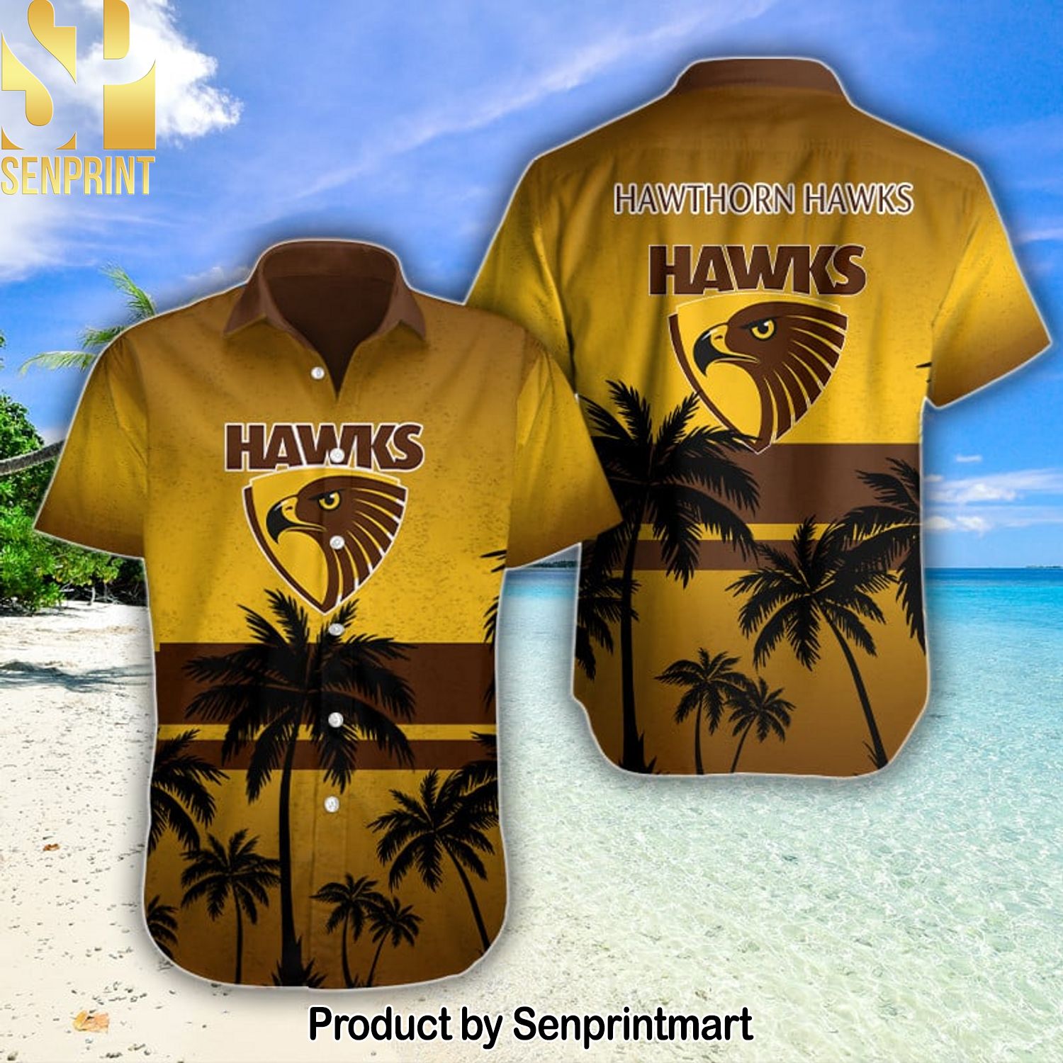 AFL Hawthorn Football Club 3D All Over Print Hawaiian Print Aloha Button Down Short Sleeve Shirt