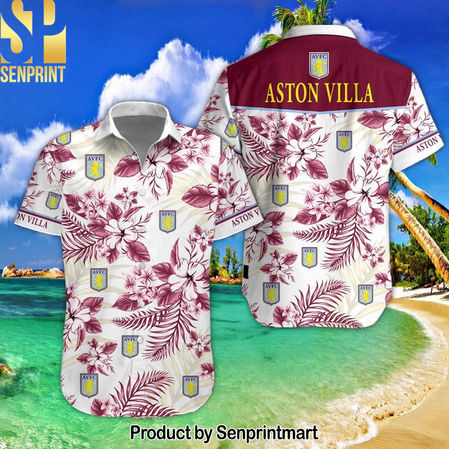 Aston Villa Football Club Full Printed 3D Hawaiian Print Aloha Button Down Short Sleeve Shirt