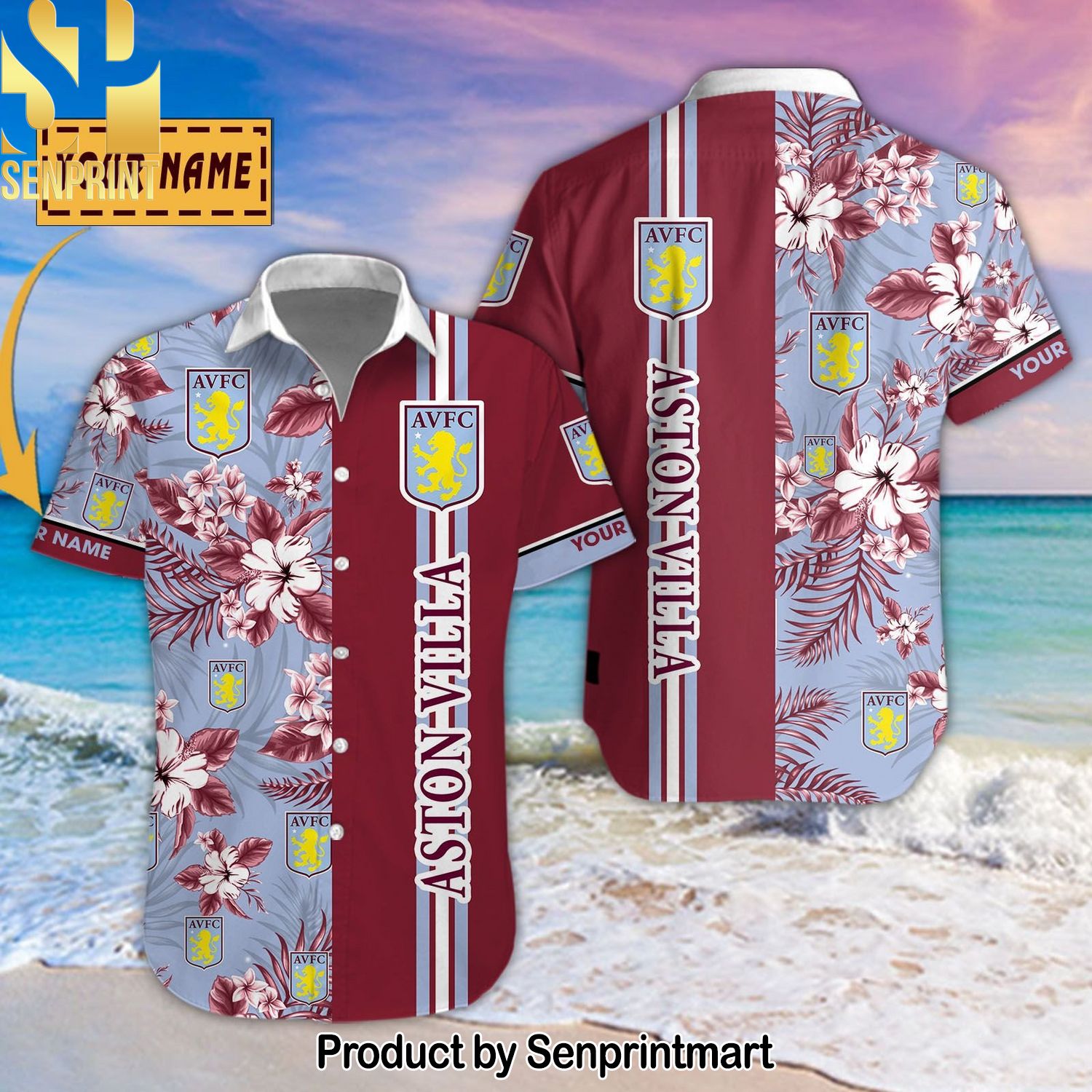 Aston Villa Football Club Personalized Hot Fashion 3D Hawaiian Print Aloha Button Down Short Sleeve Shirt