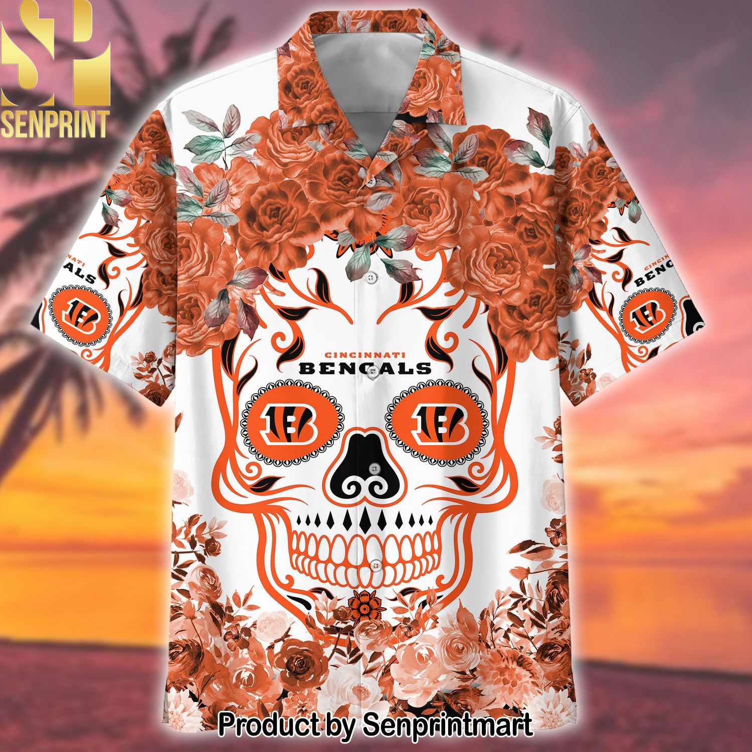 Bengals NFL Flower Skull Classic Full Printed Hawaiian Print Aloha Button Down Short Sleeve Shirt