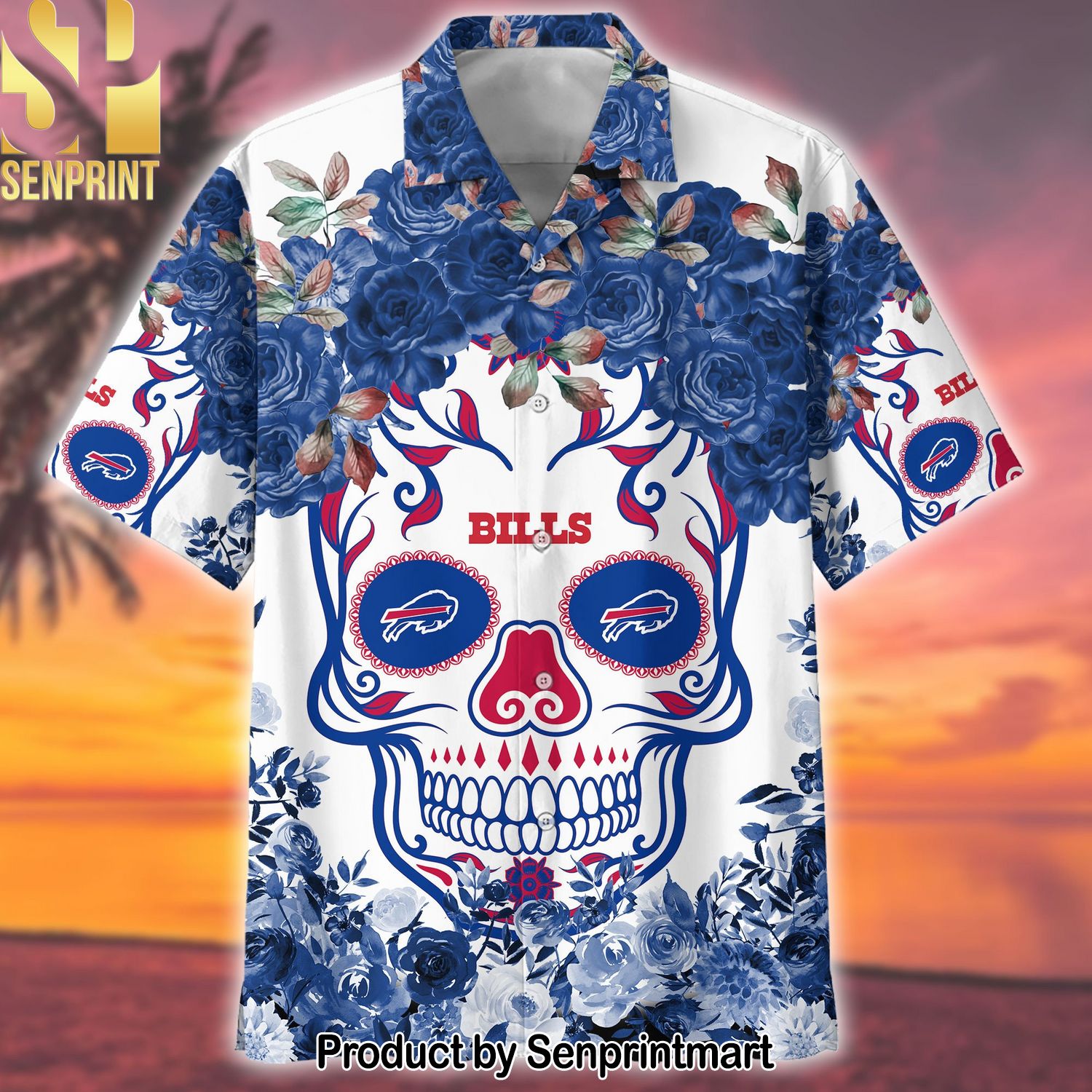 Bills NFL Flower Skull Cool Version Hawaiian Print Aloha Button Down Short Sleeve Shirt