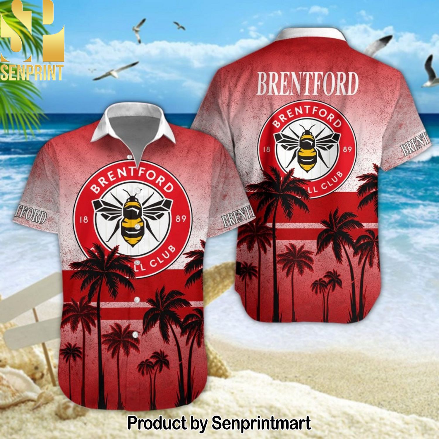 Brentford FC All Over Printed Classic Hawaiian Print Aloha Button Down Short Sleeve Shirt