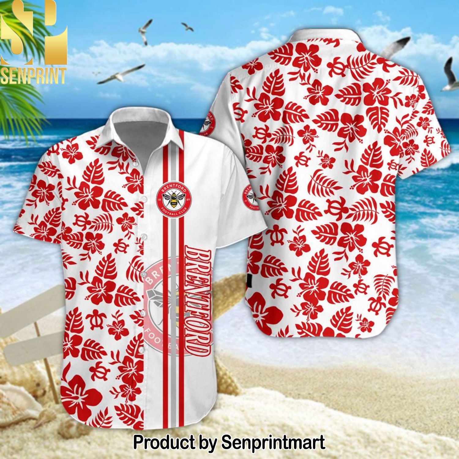 Brentford FC Street Style Hawaiian Print Aloha Button Down Short Sleeve Shirt