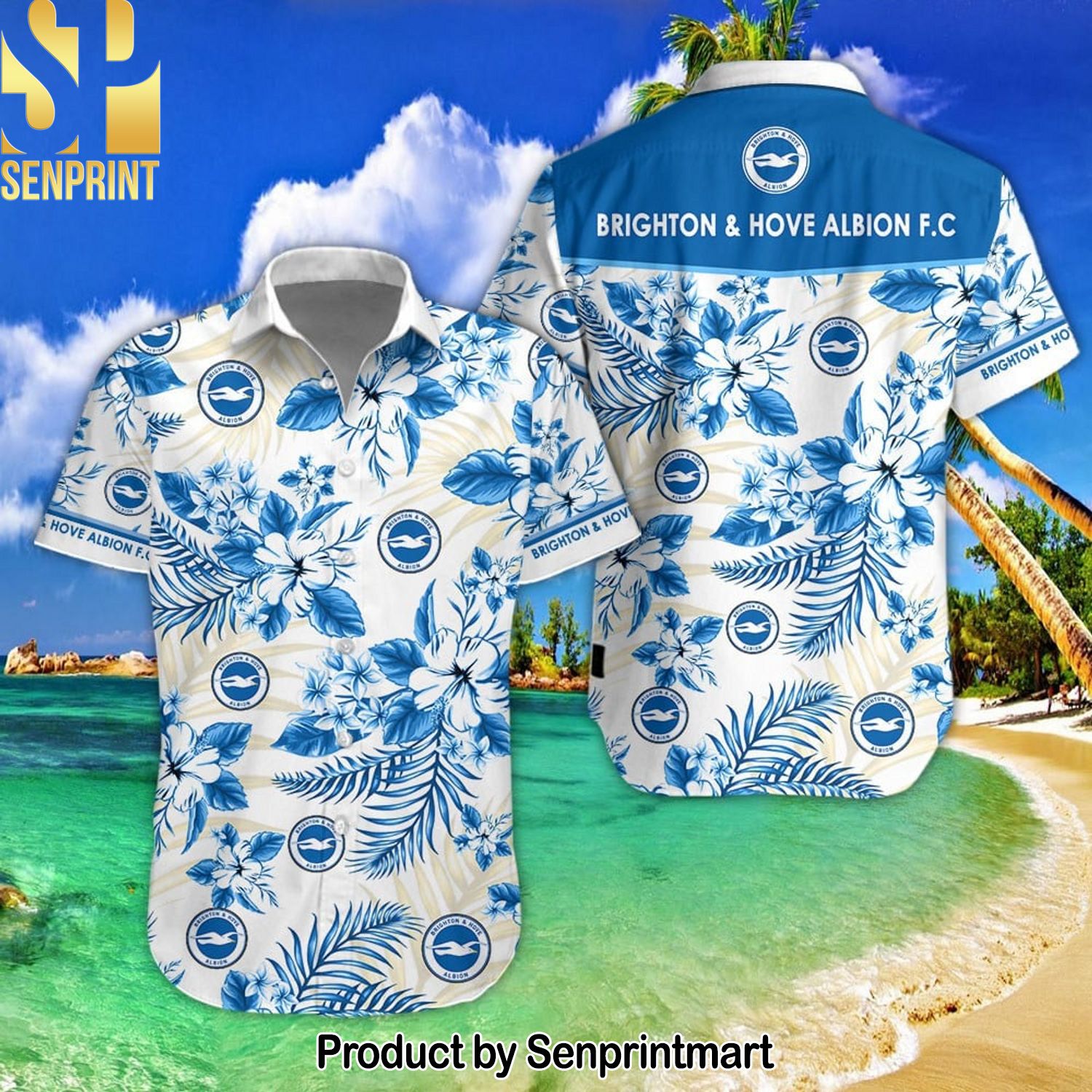 Brighton & Hove Albion Football Club 3D Hawaiian Print Aloha Button Down Short Sleeve Shirt