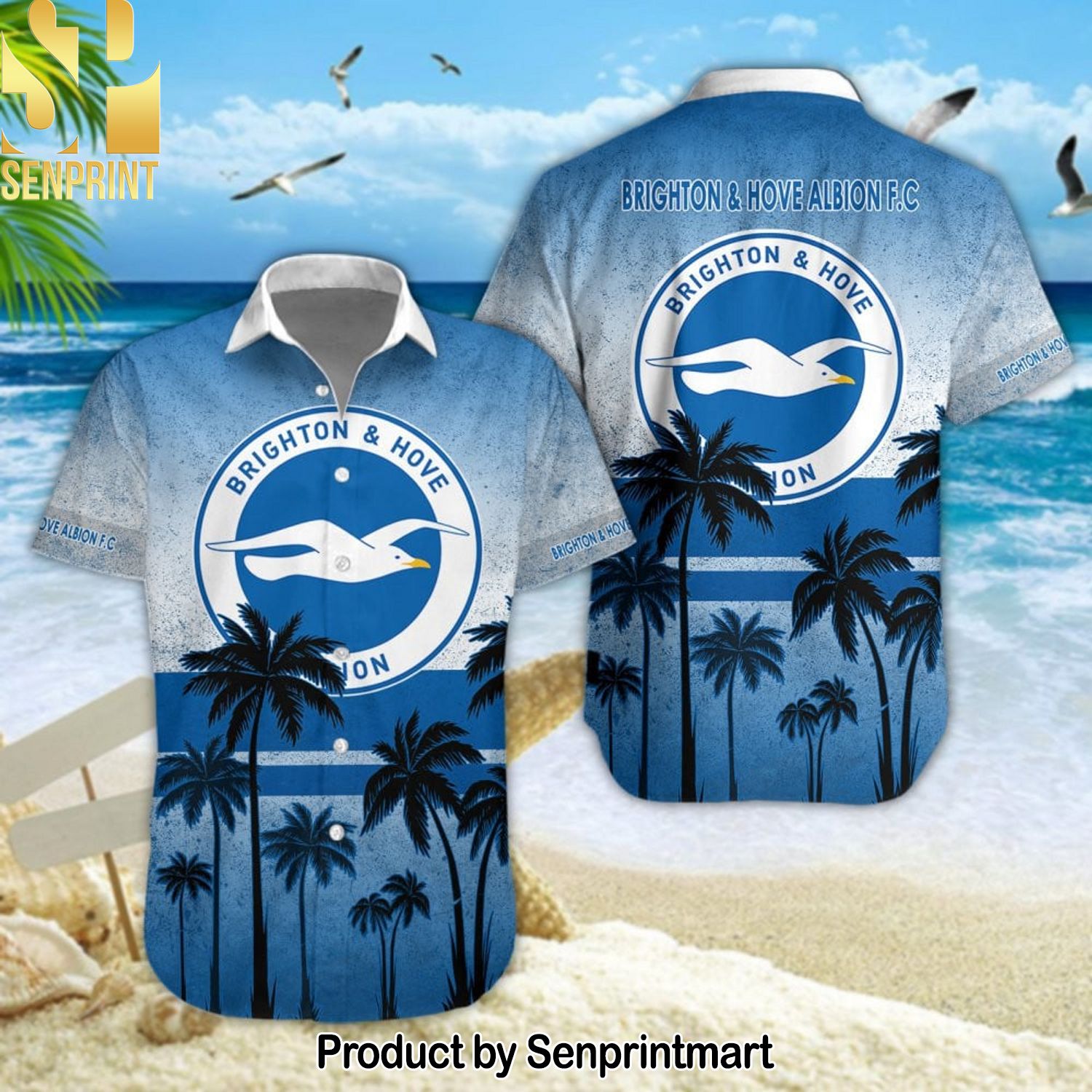 Brighton & Hove Albion Football Club All Over Print Unisex Hawaiian Print Aloha Button Down Short Sleeve Shirt