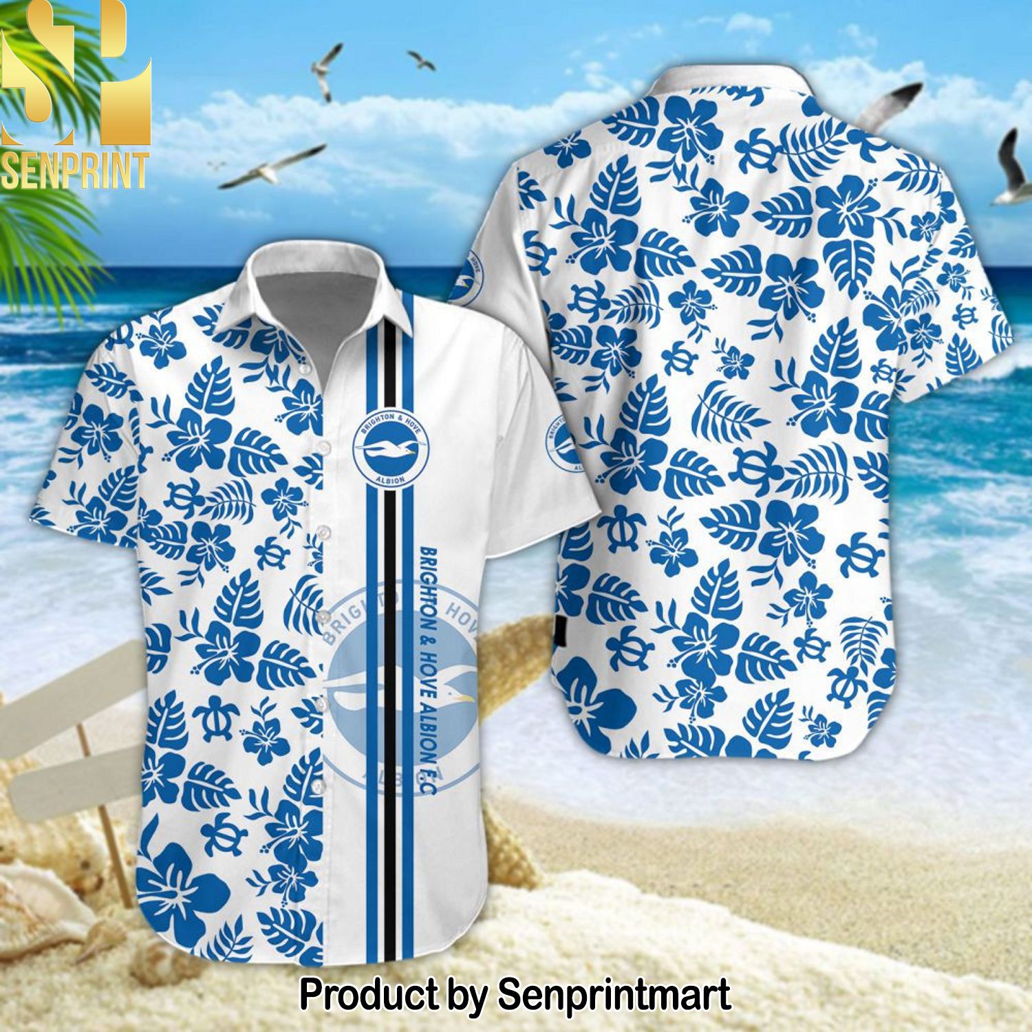 Brighton & Hove Albion Football Club Full Print Classic Hawaiian Print Aloha Button Down Short Sleeve Shirt