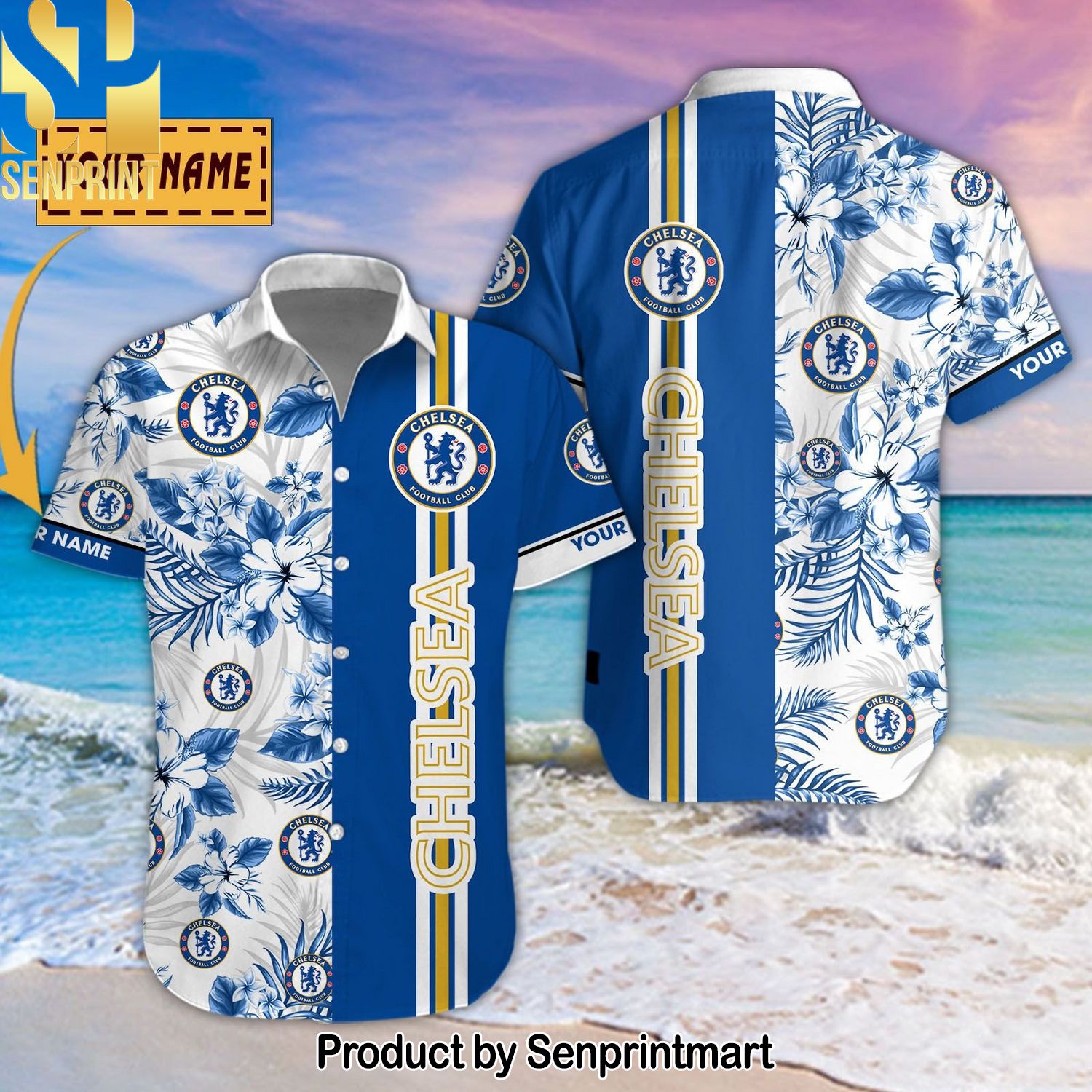 Chelsea Football Club Personalized Unisex Full Printing Hawaiian Print Aloha Button Down Short Sleeve Shirt