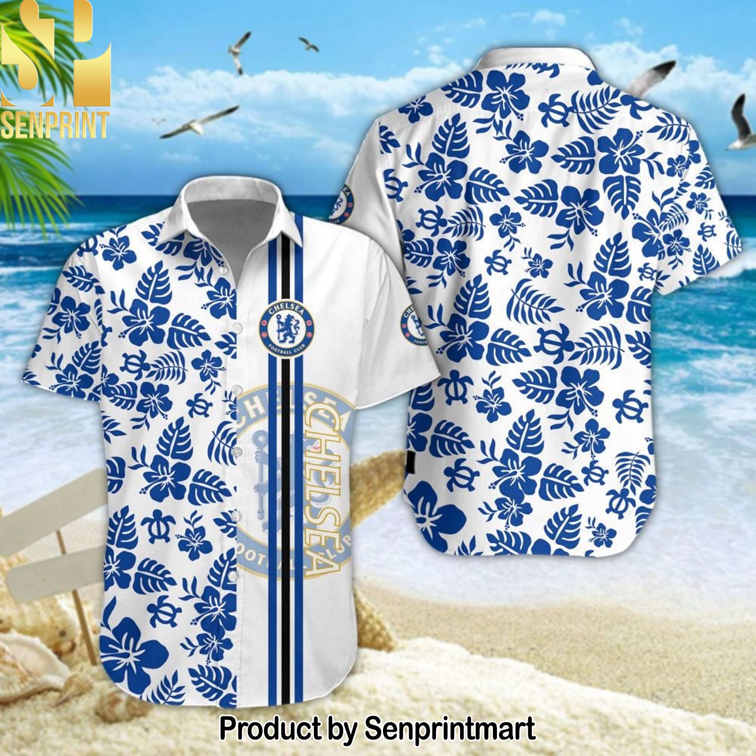 Chelsea Football Club Unisex Full Printing Hawaiian Print Aloha Button Down Short Sleeve Shirt