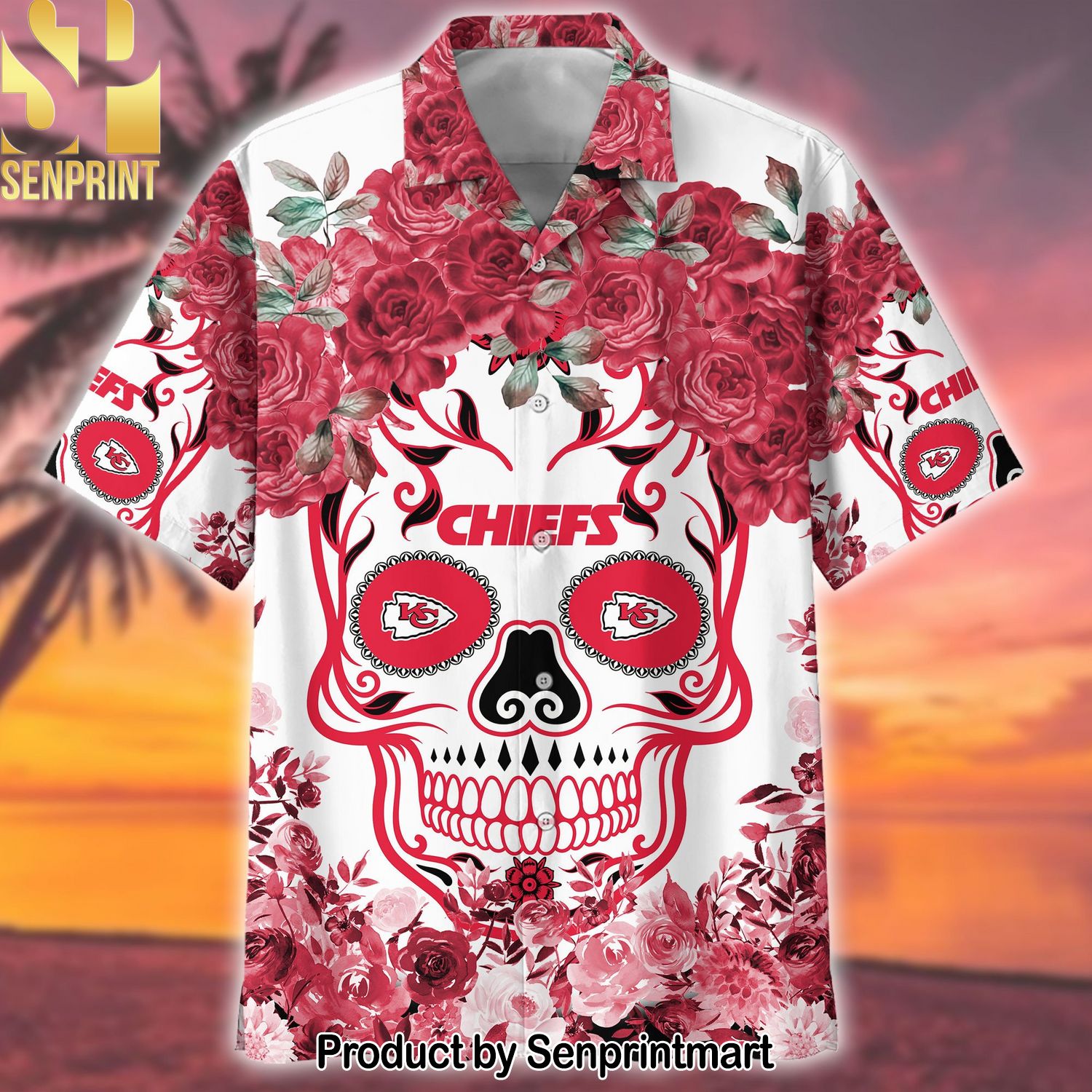 Chiefs NFL Flower Skull Street Style All Over Print Hawaiian Print Aloha Button Down Short Sleeve Shirt