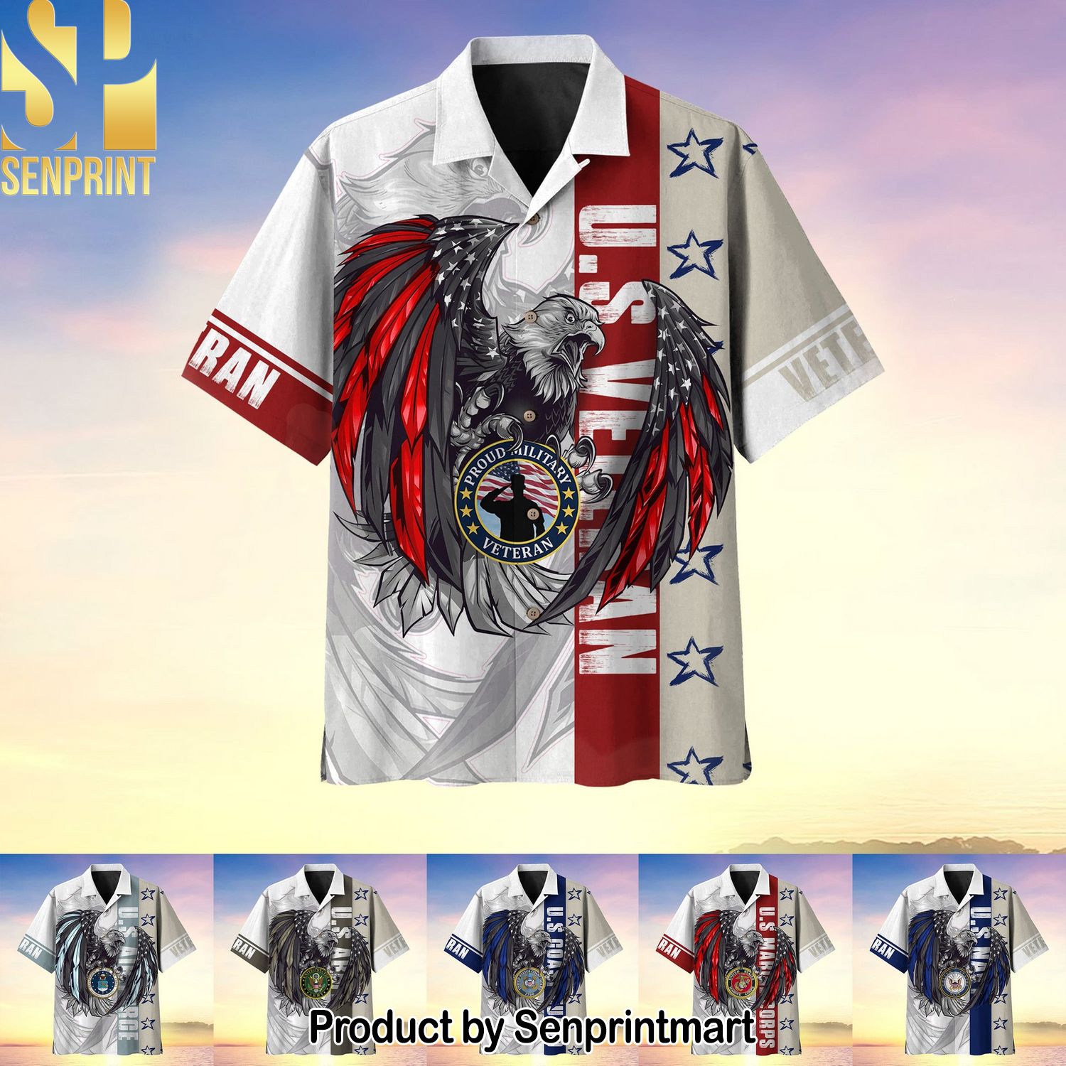 Colored Feather Eagle Multiservice US Veteran New Style Hawaiian Print Aloha Button Down Short Sleeve Shirt