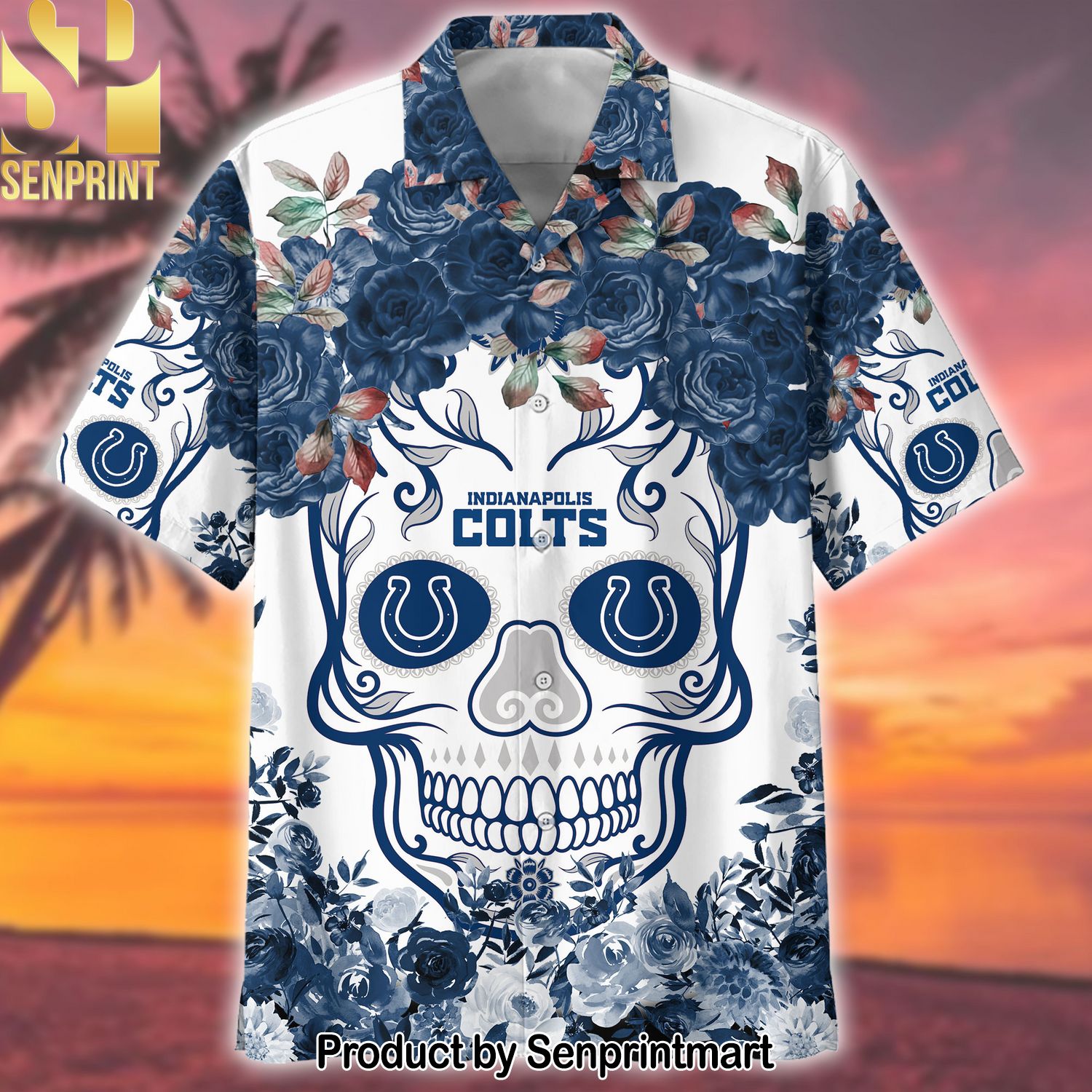 Colts NFL Flower Skull New Fashion Hawaiian Print Aloha Button Down Short Sleeve Shirt