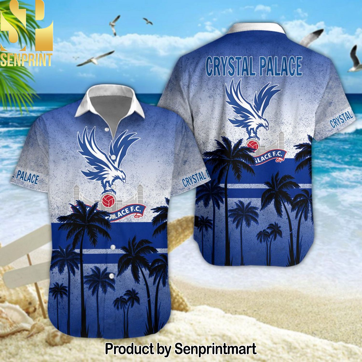 Crystal Palace Football Club Classic Full Printing Hawaiian Print Aloha Button Down Short Sleeve Shirt
