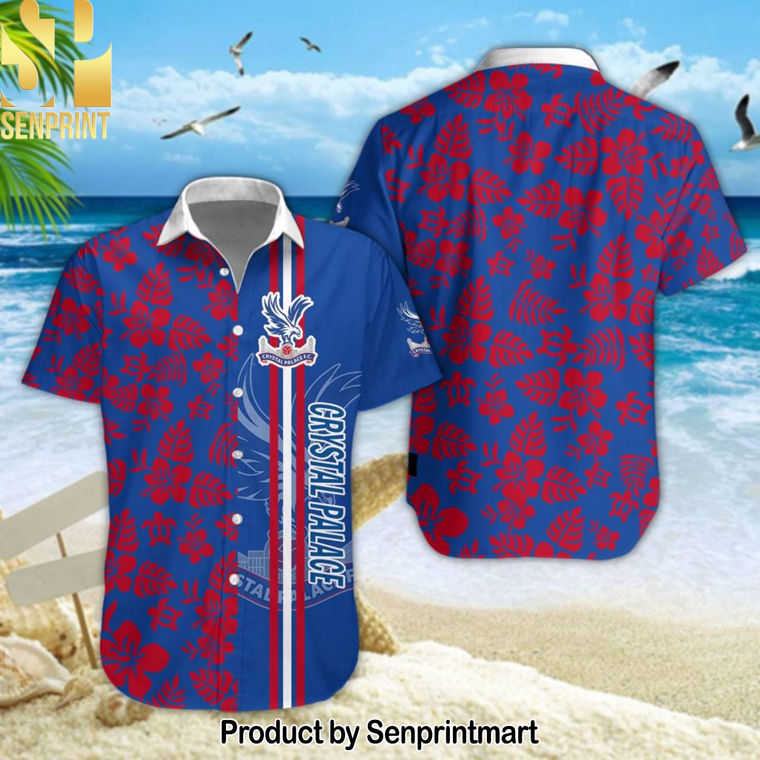 Crystal Palace Football Club Full Printing Hawaiian Print Aloha Button Down Short Sleeve Shirt