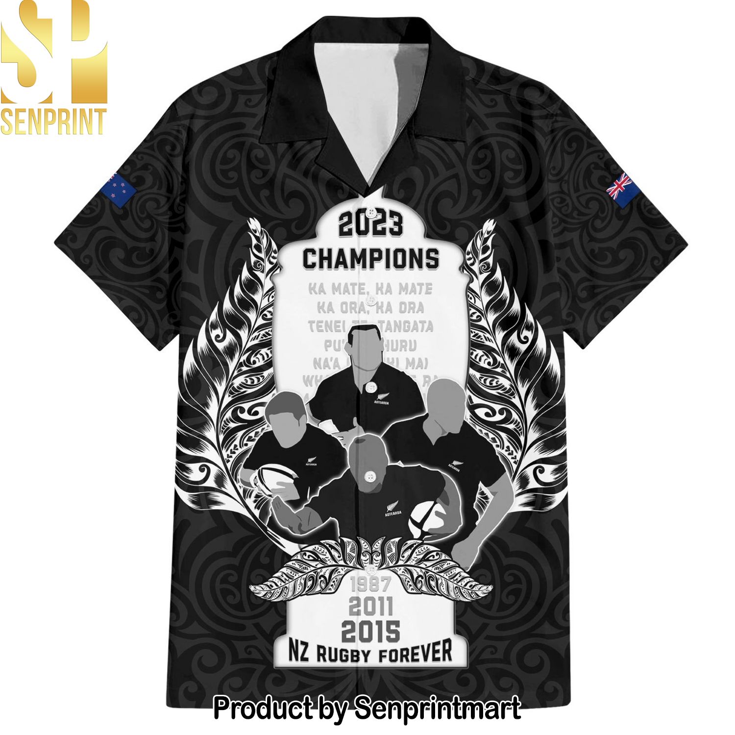 Custom New Zealand Rugbyhe Haka With Champions Cup Classic Full Print Hawaiian Print Aloha Button Down Short Sleeve Shirt