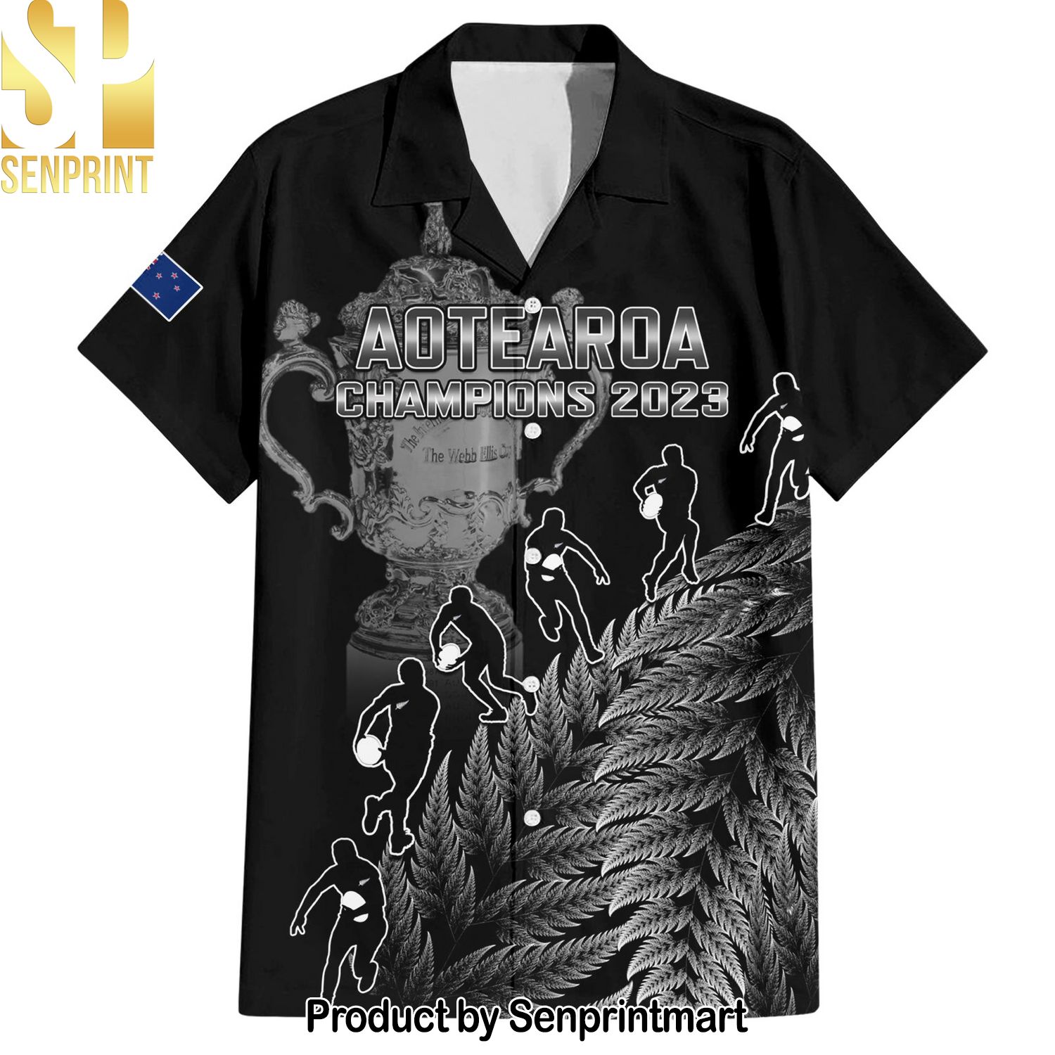 Custom New Zealand Silver Fern Rugby All Black Go Champions With Trophy Proud All Over Printed Unisex Hawaiian Print Aloha Button Down Short Sleeve Shirt