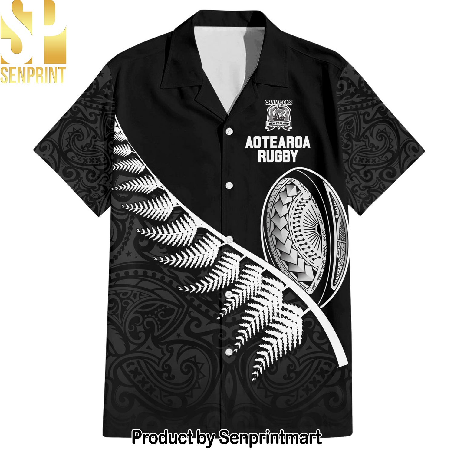 Custom New Zealand World Cup Aotearoa Champion Rugby with Silver Fern Maori Ethnic Pattern Hot Outfit Hawaiian Print Aloha Button Down Short Sleeve Shirt