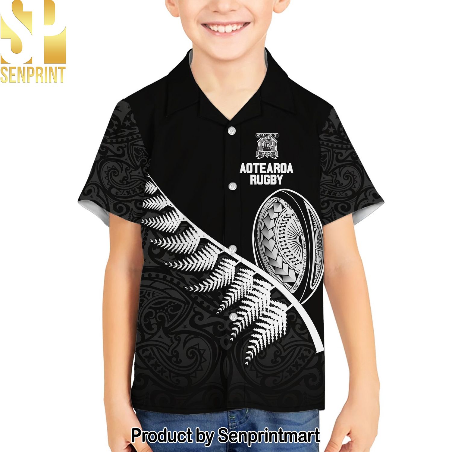 Custom New Zealand World Cup Aotearoa Champion Rugby with Silver Fern Maori Ethnic Pattern New Version Hawaiian Print Aloha Button Down Short Sleeve Shirt