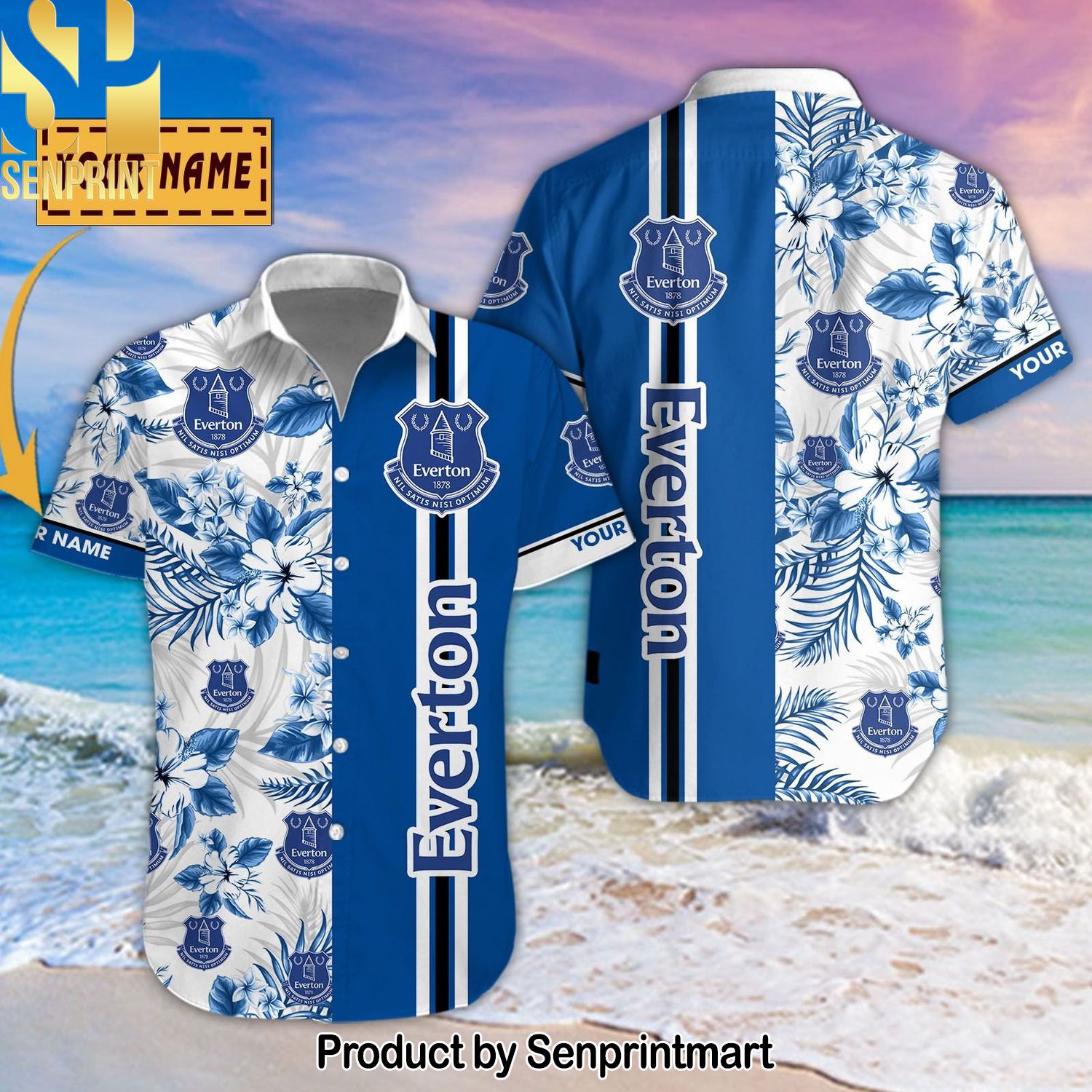 Everton Football Club All Over Printed Classic Hawaiian Print Aloha Button Down Short Sleeve Shirt