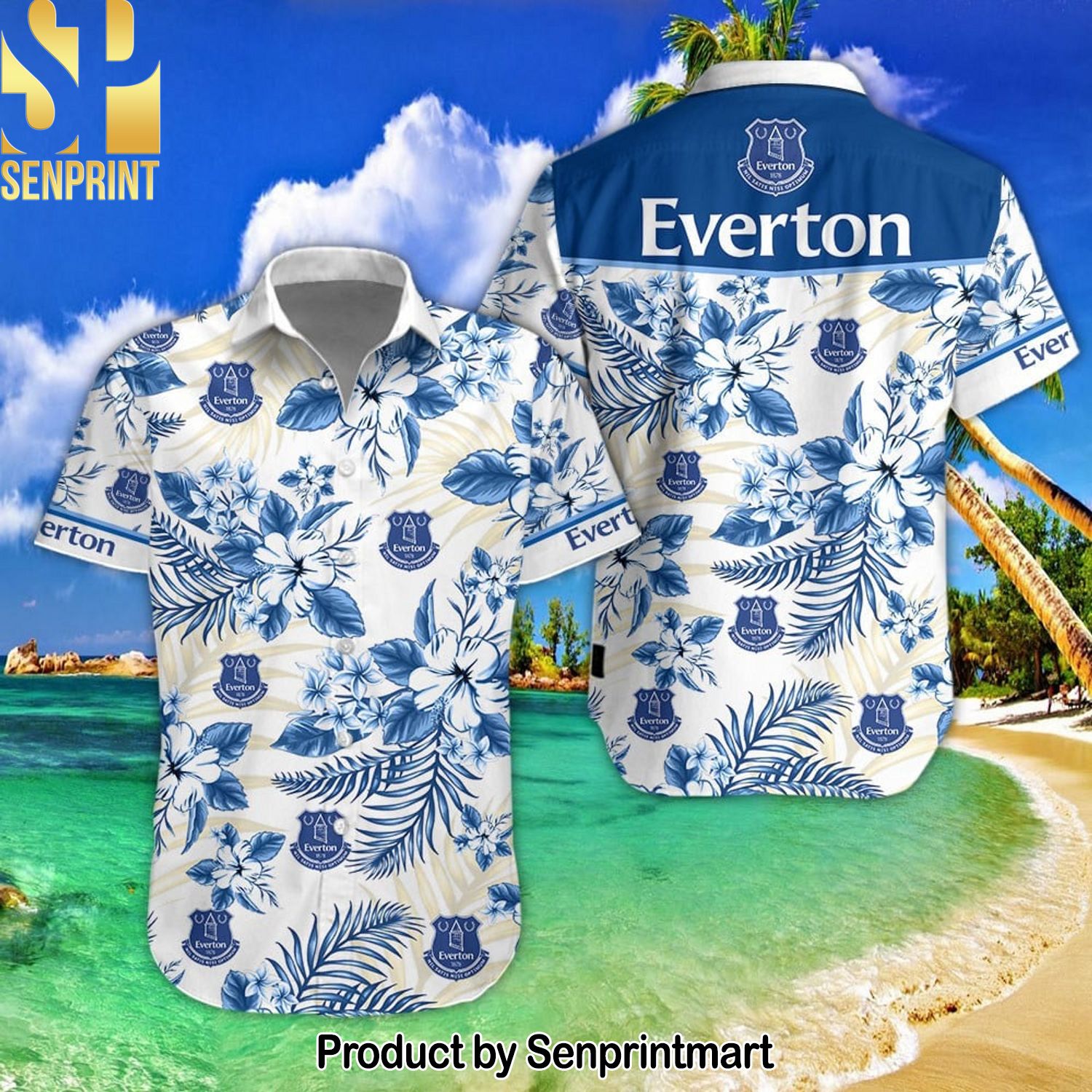 Everton Football Club Unisex All Over Printed Hawaiian Print Aloha Button Down Short Sleeve Shirt
